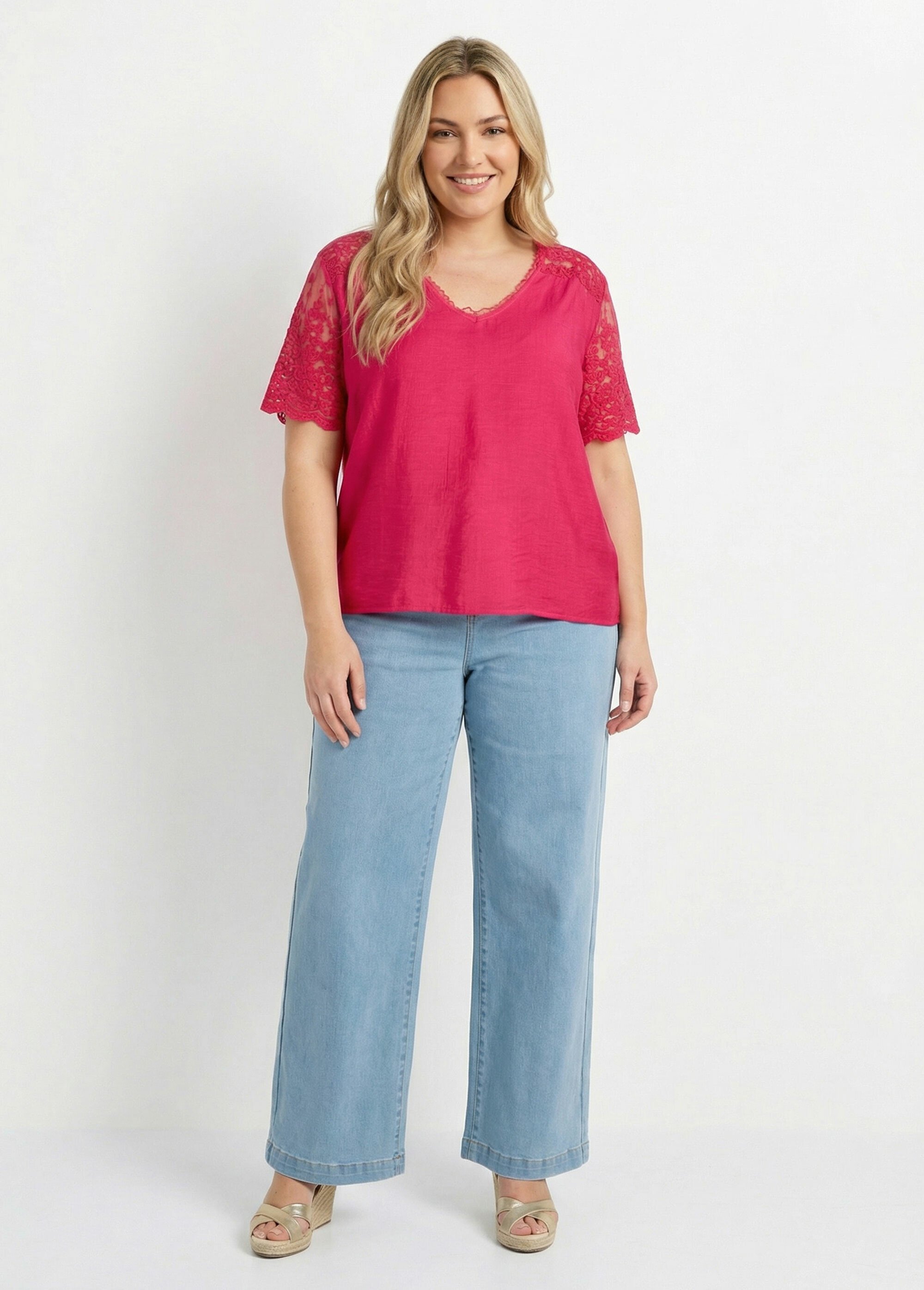 Blouse dos en dentelle + détail goutte Femme Grande Taille Rose MA-M610-1539 SF1