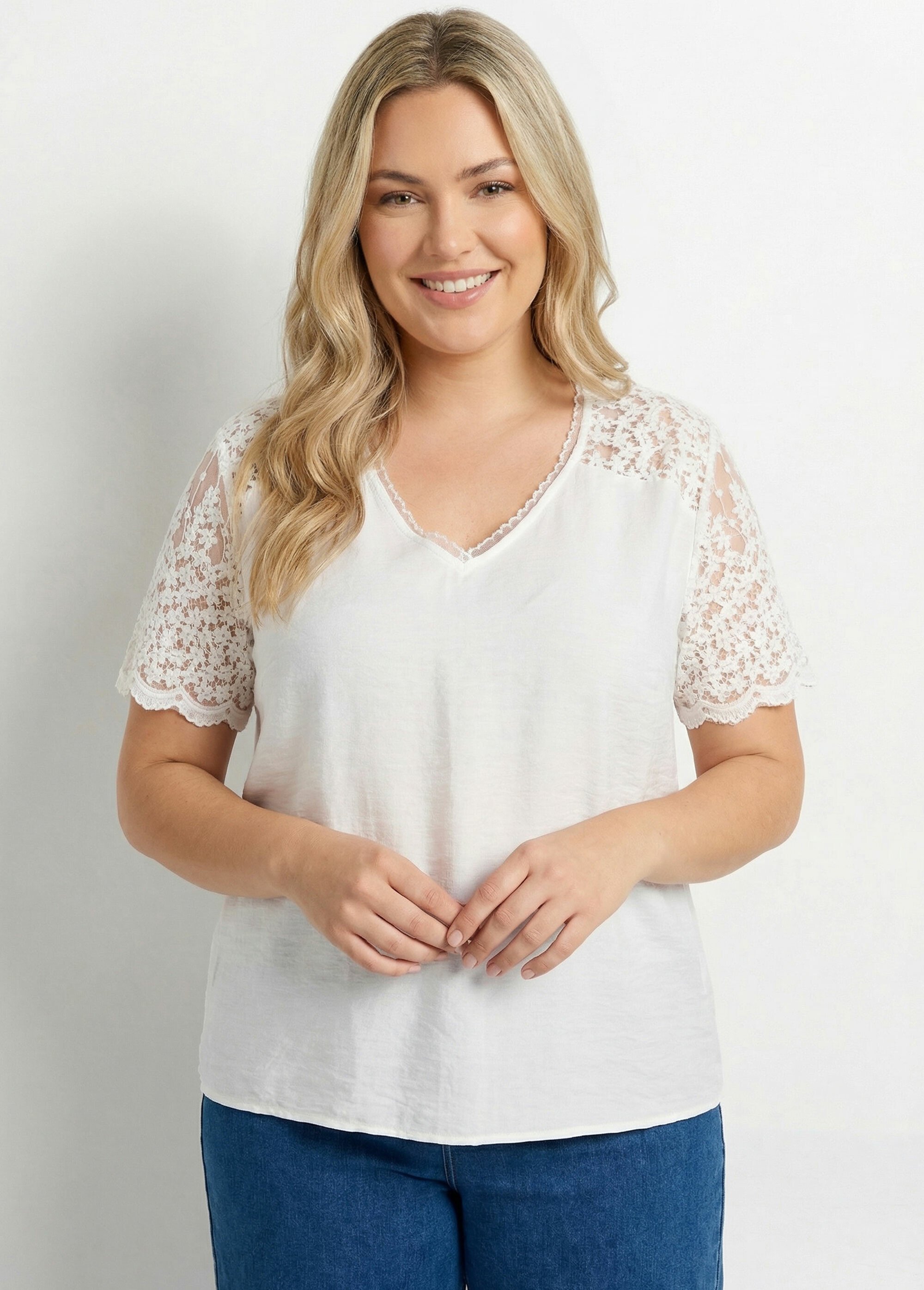 Blouse dos en dentelle + détail goutte Femme Grande Taille Blanc MA-M610-1539 FA1