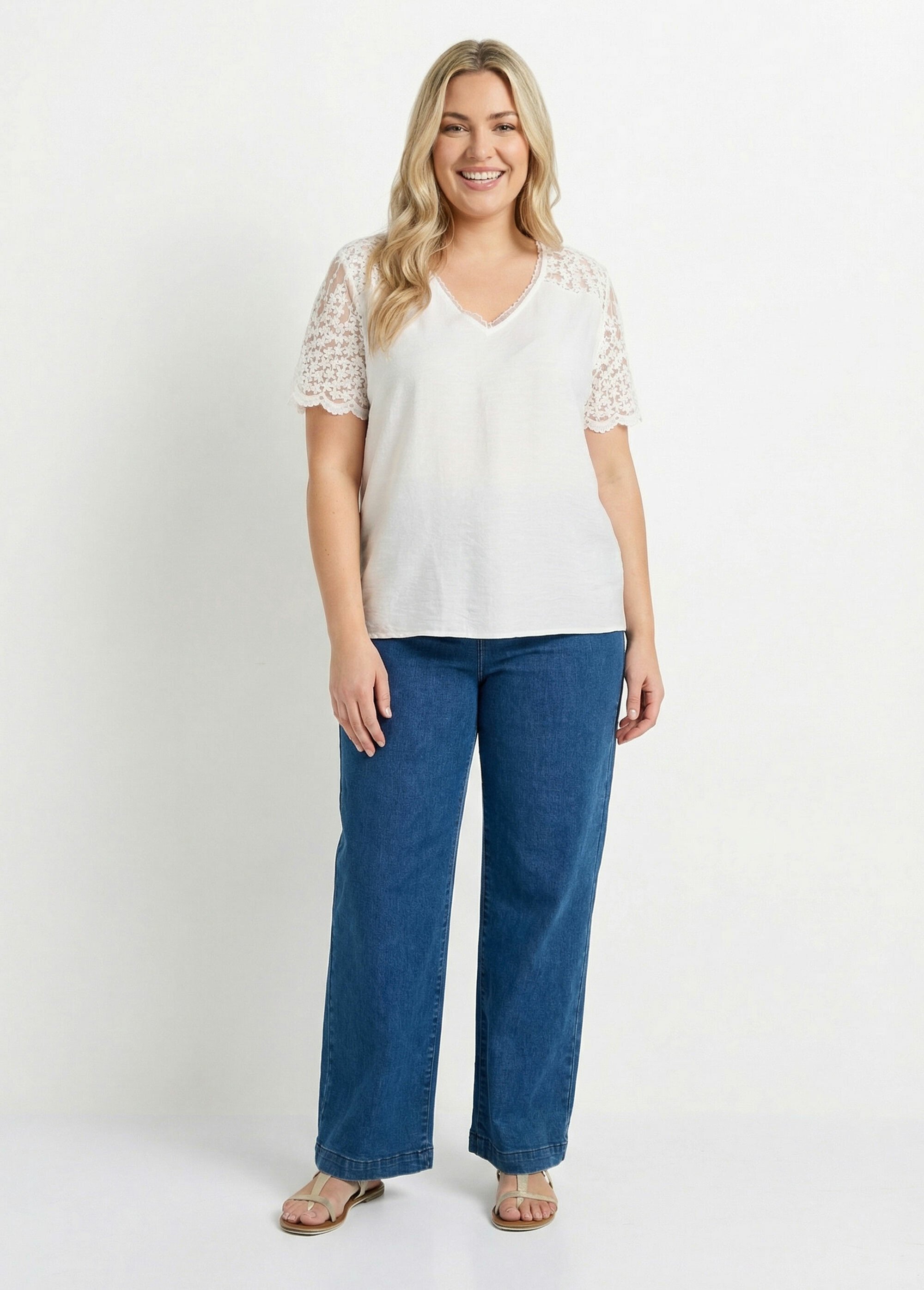 Blouse dos en dentelle + détail goutte Femme Grande Taille Blanc MA-M610-1539 SF1