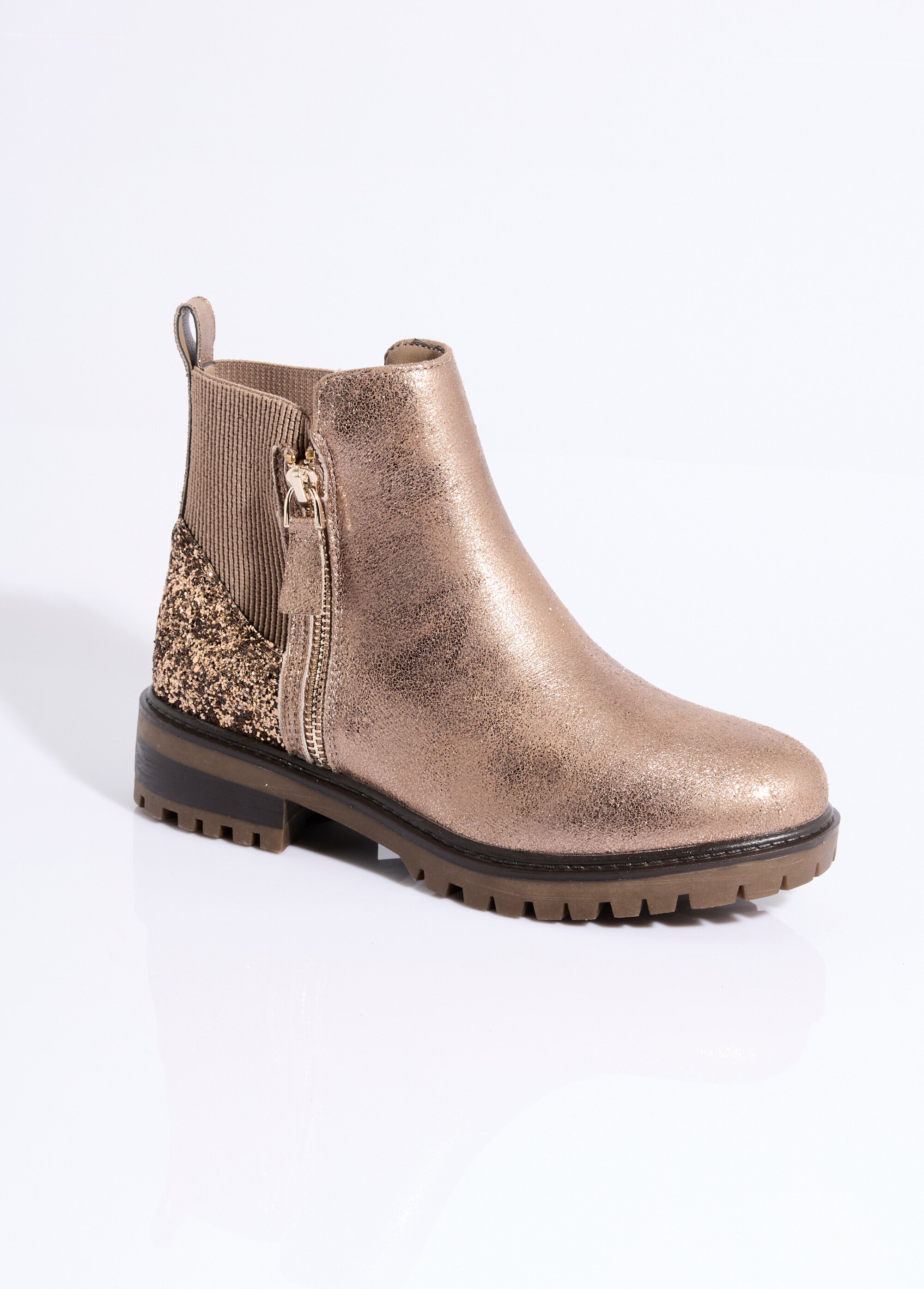 Boots zippées plates talon sequins Femme Marron ERYM593 FA1