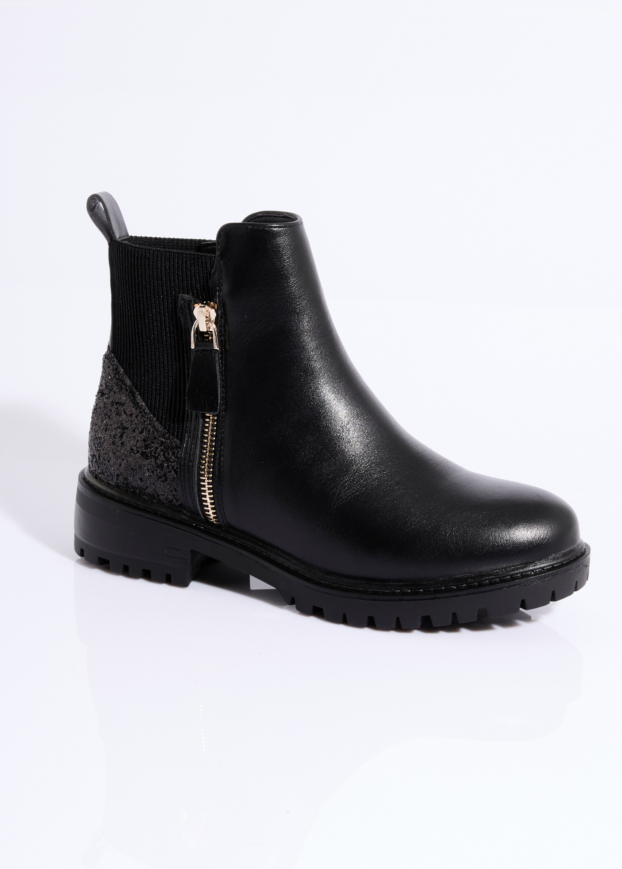 Boots zippées plates talon sequins Femme Noir ERYM593 FA1