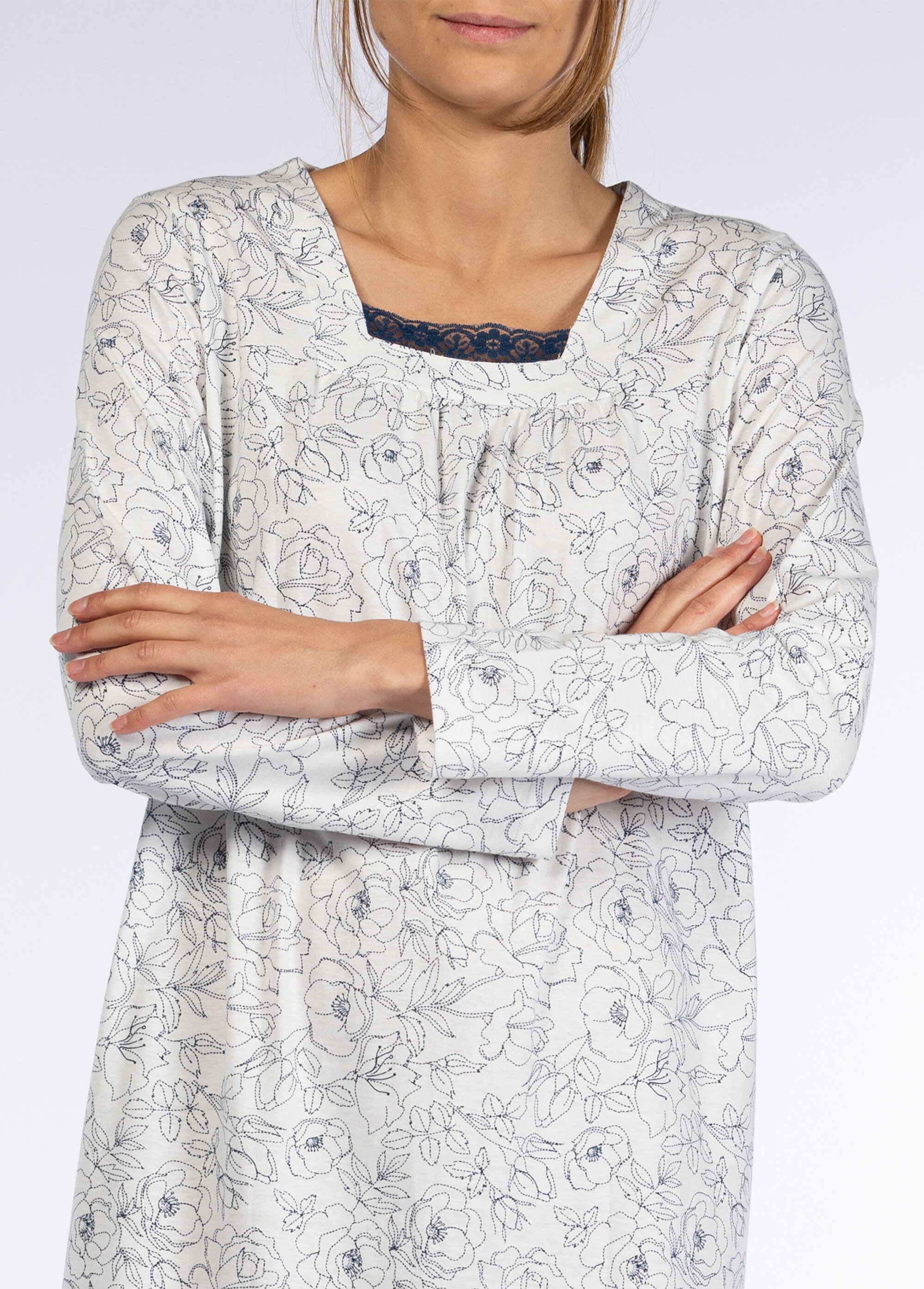 Chemise de nuit manches longues détail col Femme Bleu CTMBE.BROD.LMLG DE1