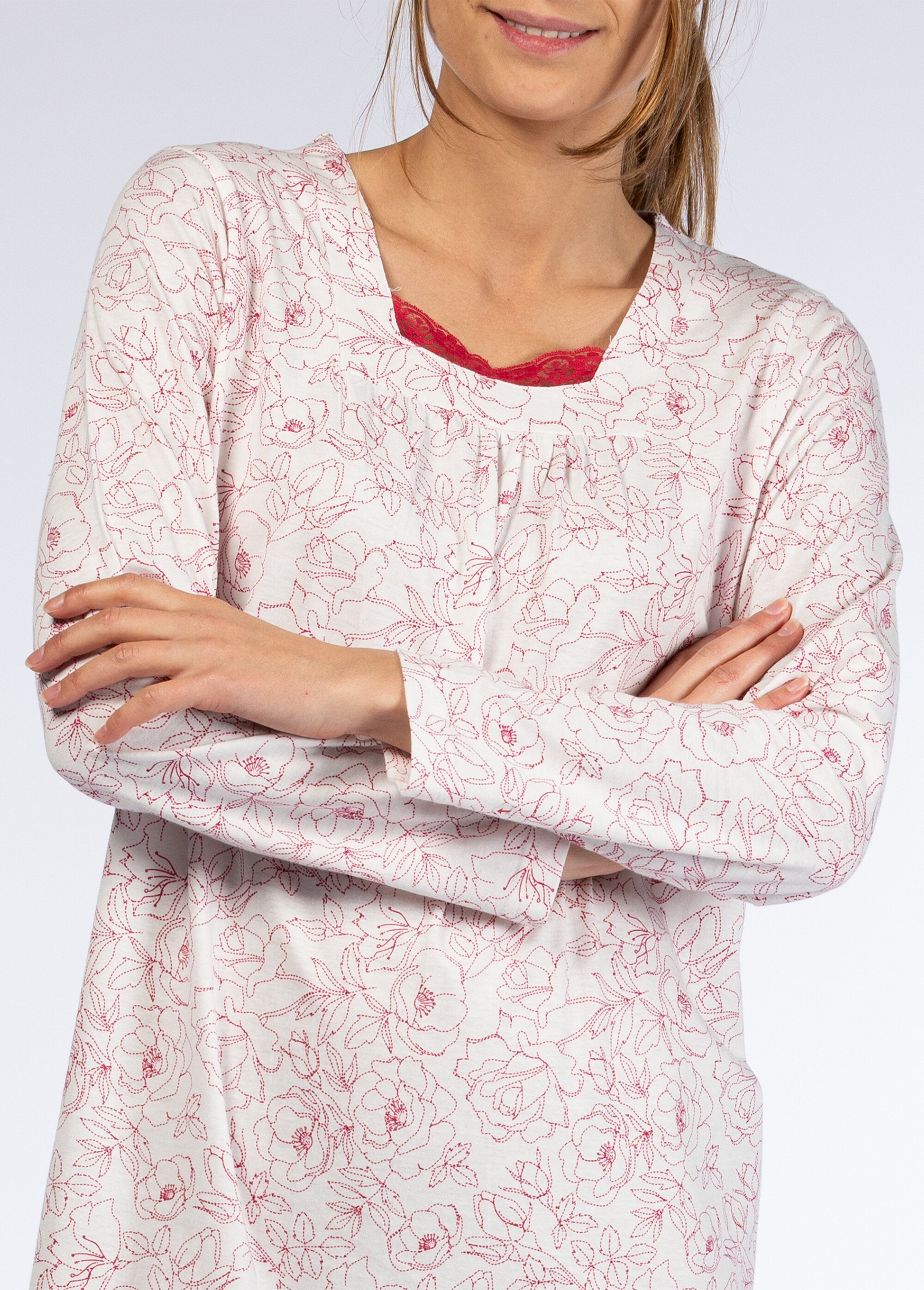 Chemise de nuit manches longues détail col Femme Rose CTMBE.BROD.LMLG DE1