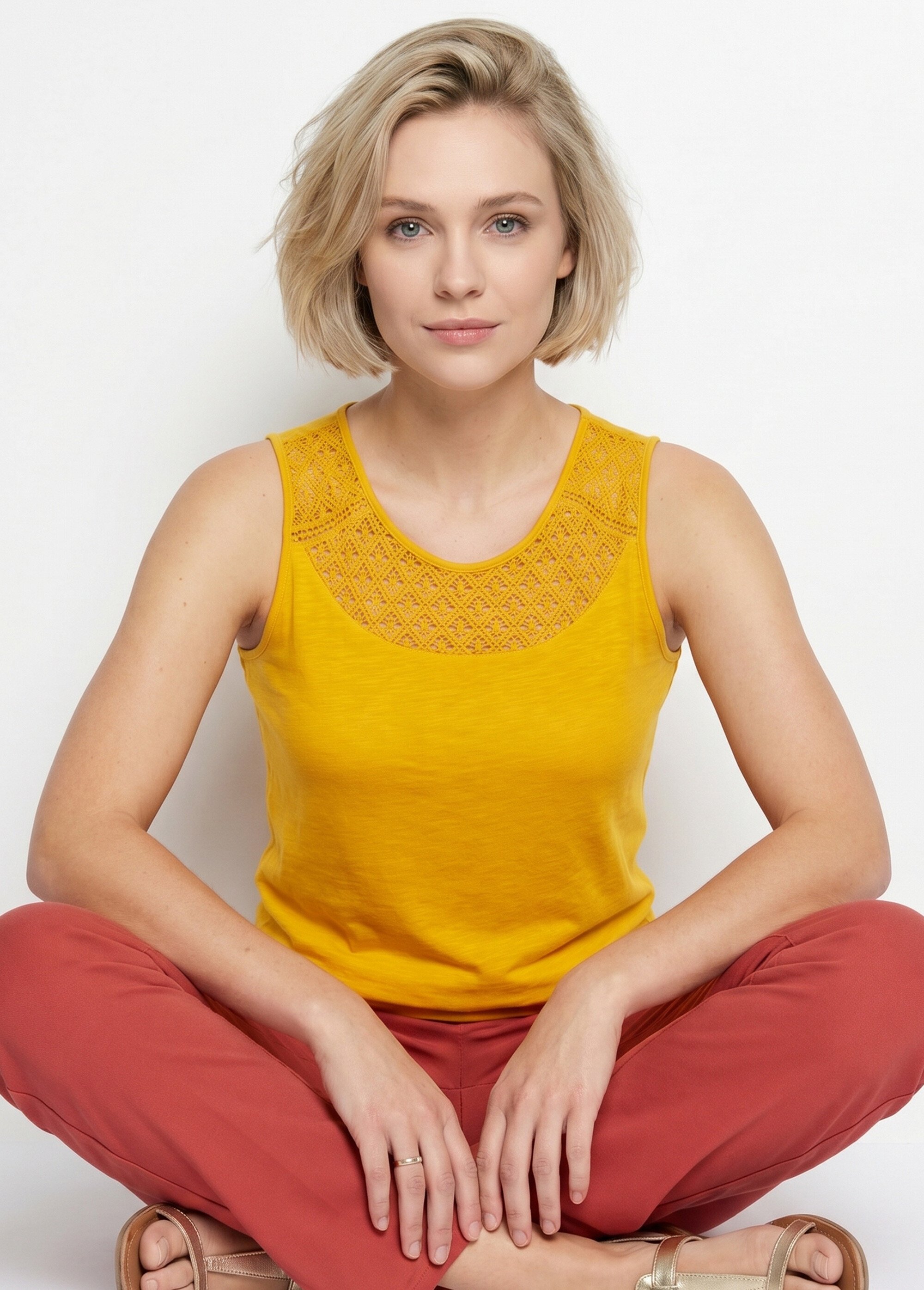 Débardeur court maille flammée coton Femme Jaune CERETTO MV1