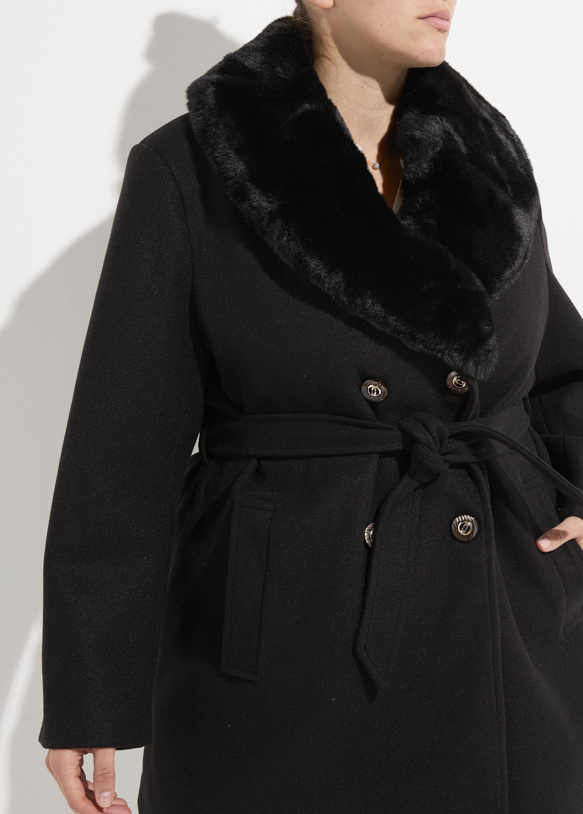 Manteau toucher laineux col fourrure Femme Grande Taille Noir CHY-E009 DE1