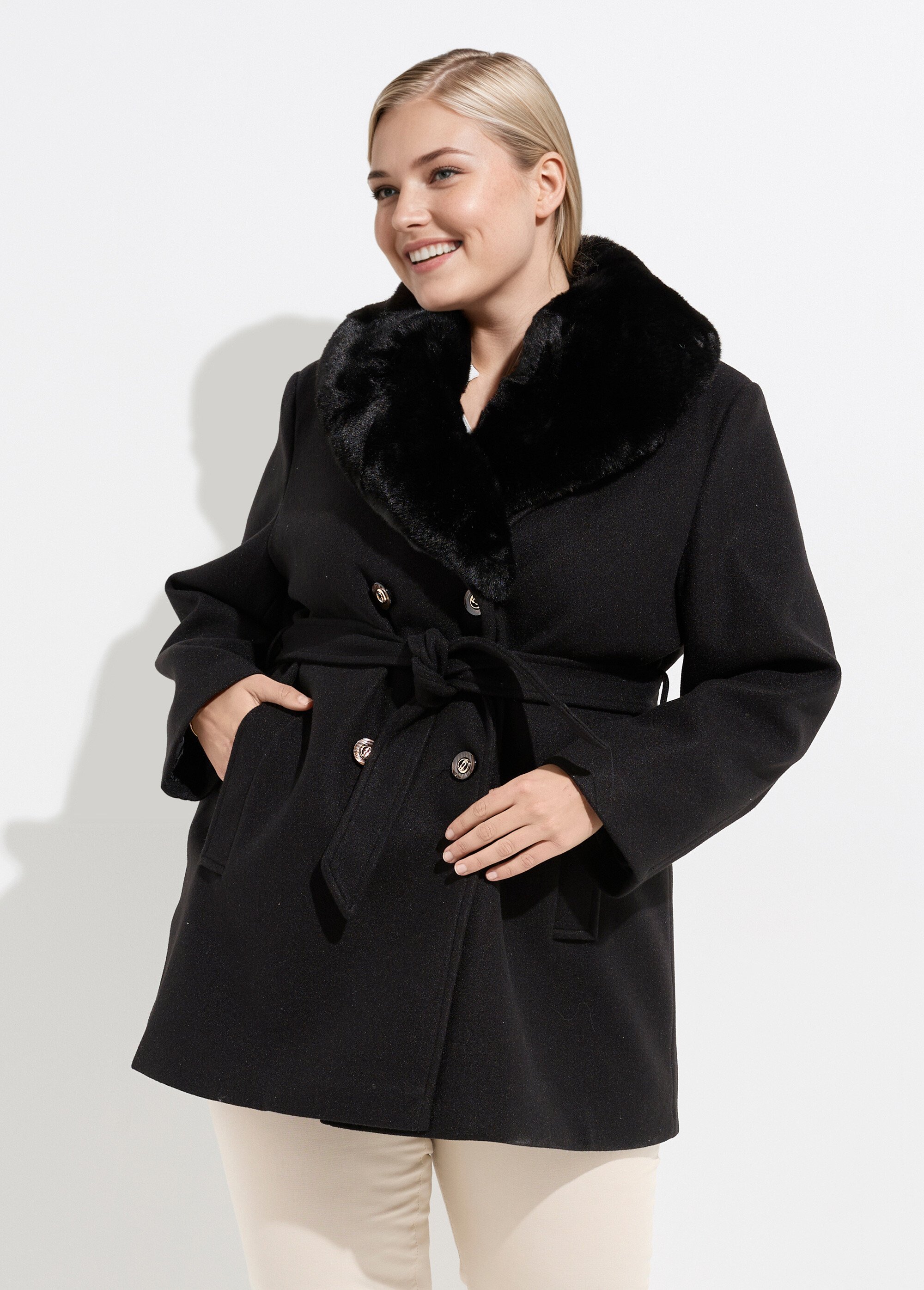 Manteau toucher laineux col fourrure Femme Grande Taille Noir CHY-E009 FA1