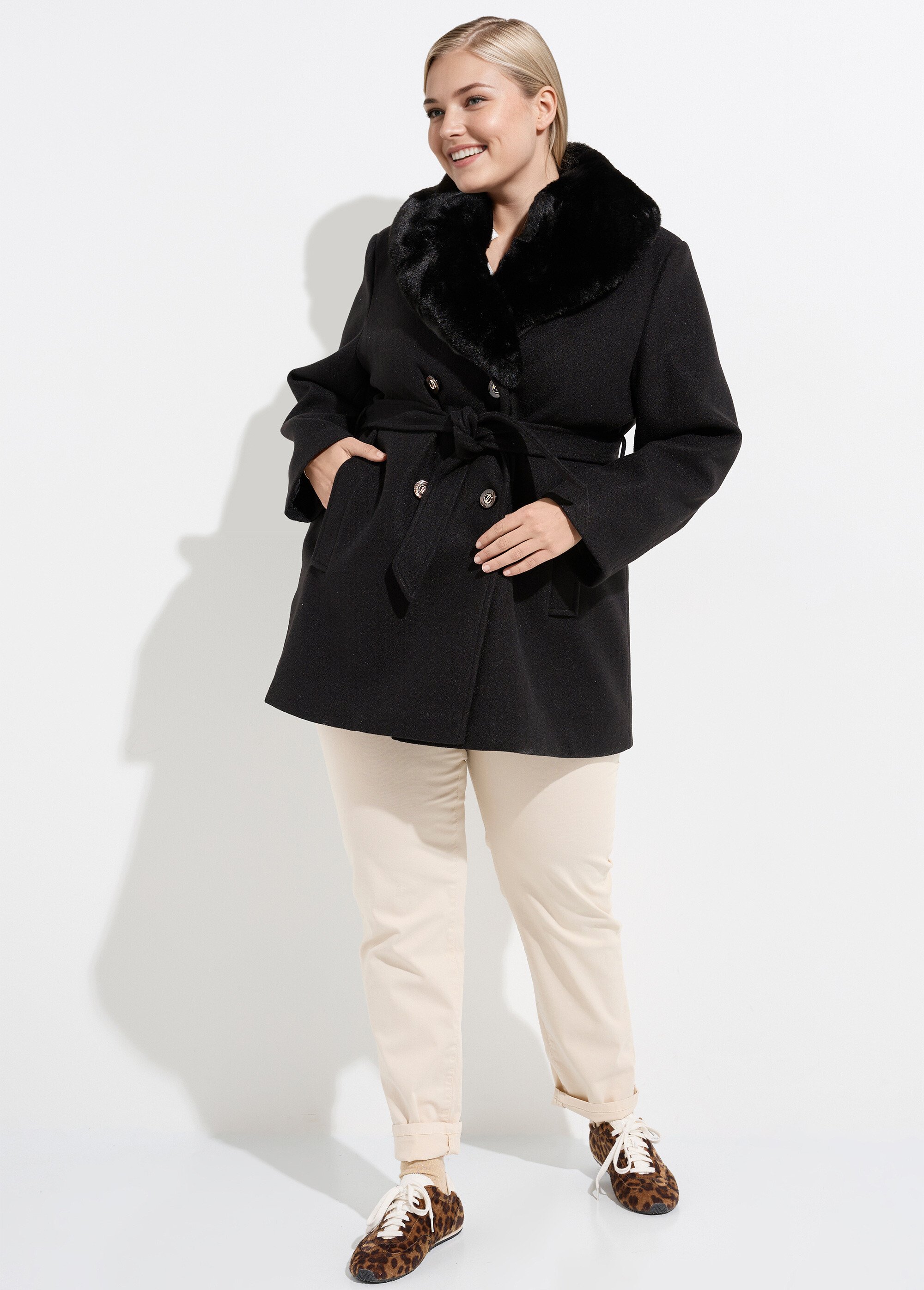 Manteau toucher laineux col fourrure Femme Grande Taille Noir CHY-E009 SF1