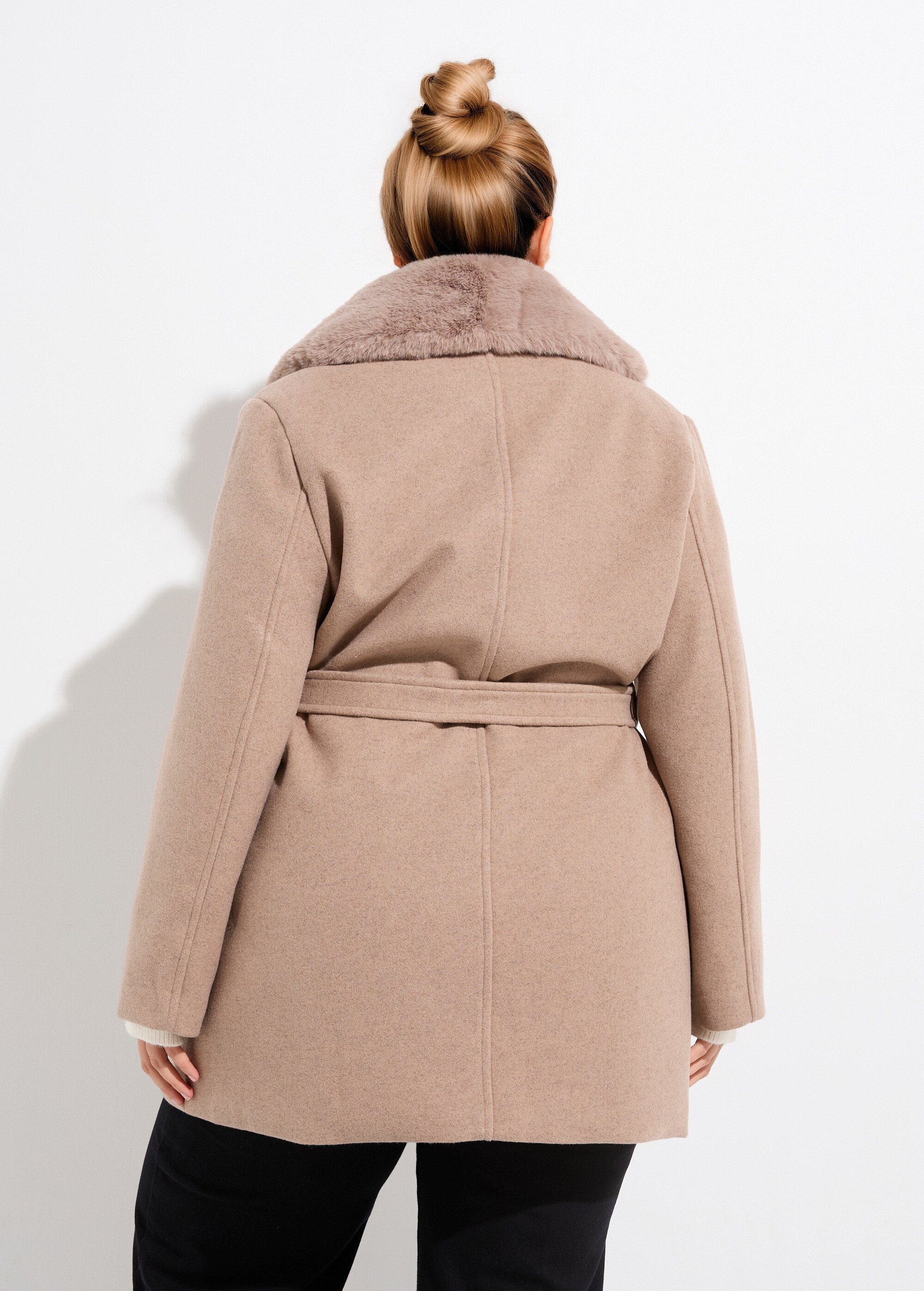 Manteau toucher laineux col fourrure Femme Grande Taille Beige CHY-E009 DO1