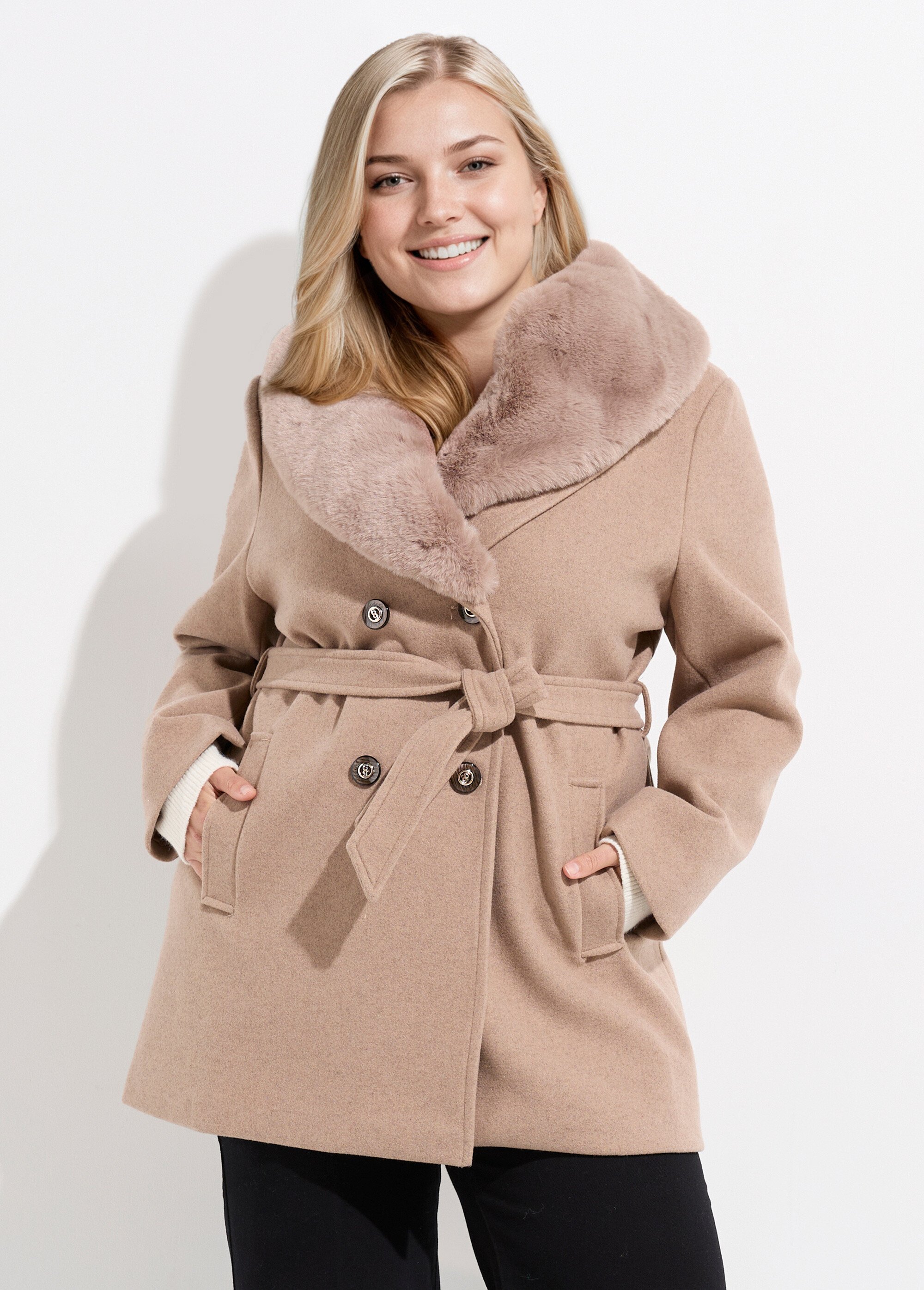 Manteau toucher laineux col fourrure Femme Grande Taille Beige CHY-E009 FA1