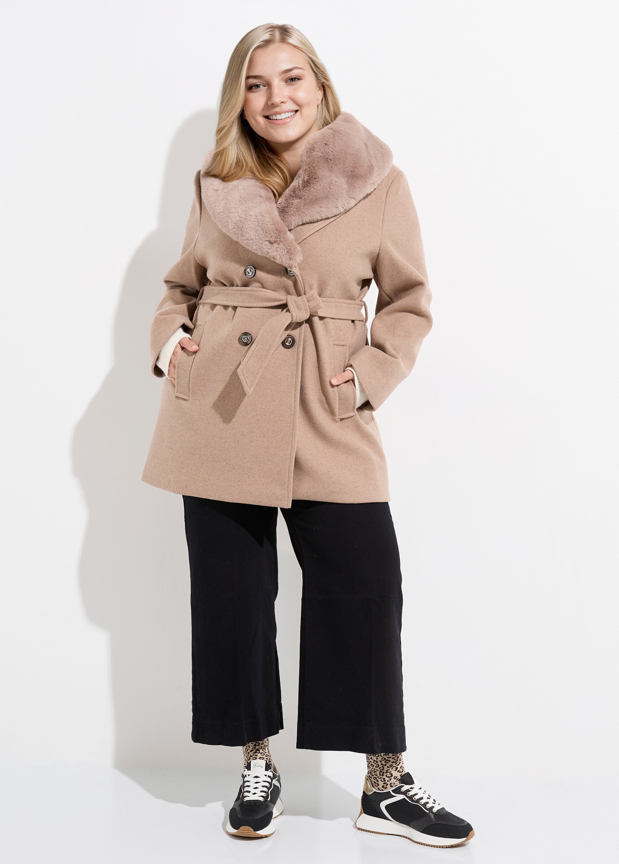 Manteau toucher laineux col fourrure Femme Grande Taille Beige CHY-E009 SF1