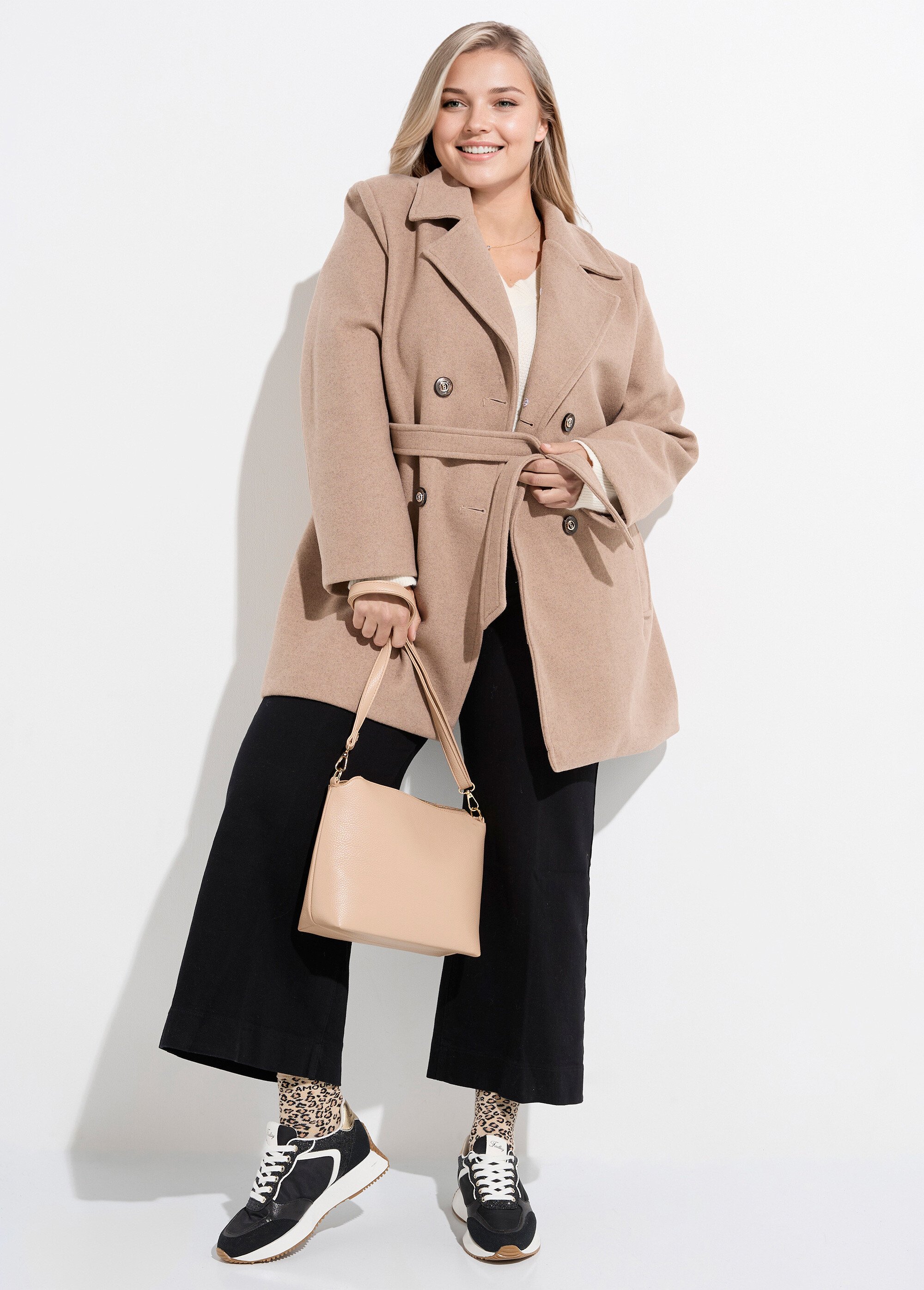 Manteau toucher laineux col fourrure Femme Grande Taille Beige CHY-E009 SI1