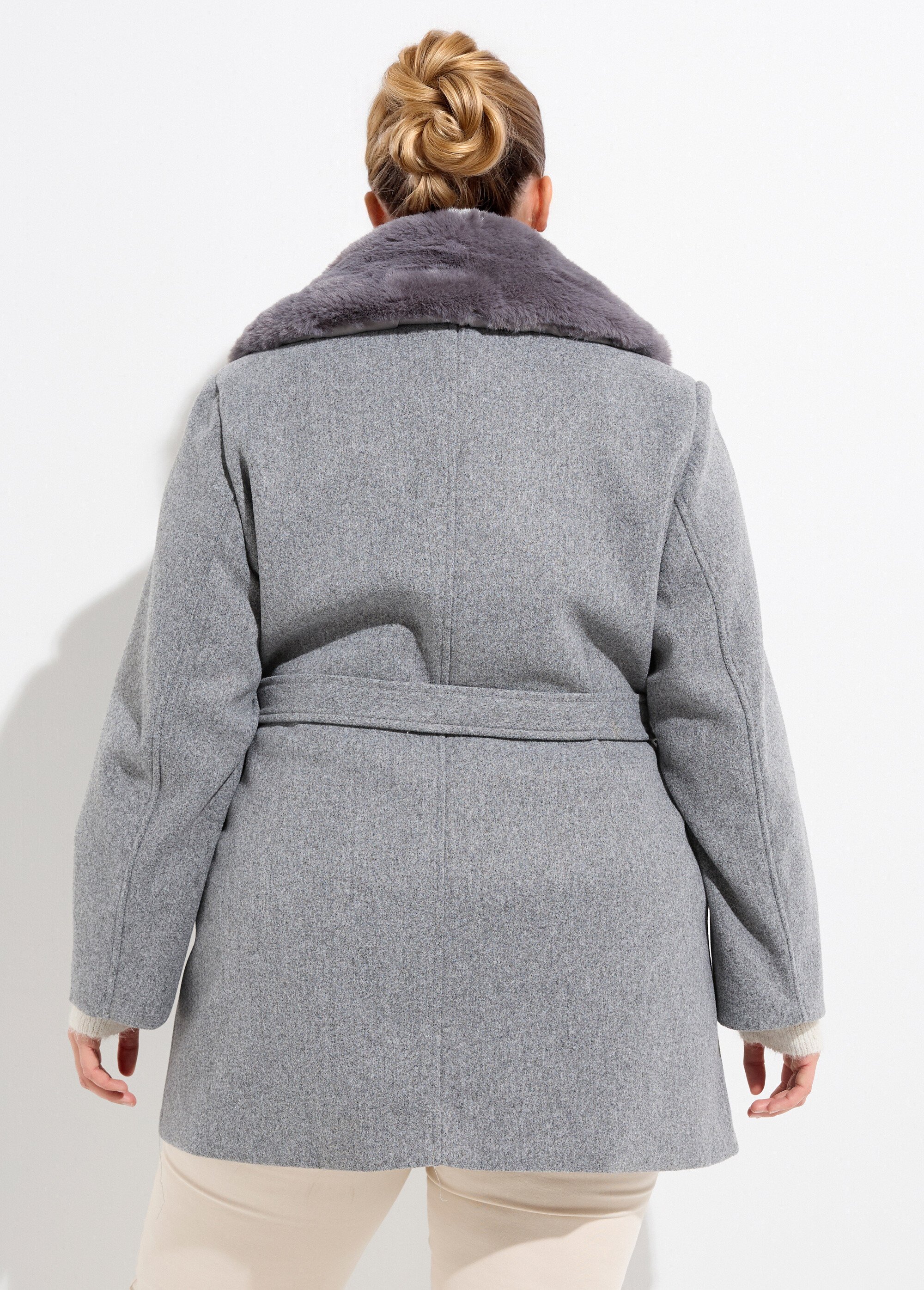 Manteau toucher laineux col fourrure Femme Grande Taille Gris CHY-E009 DO1