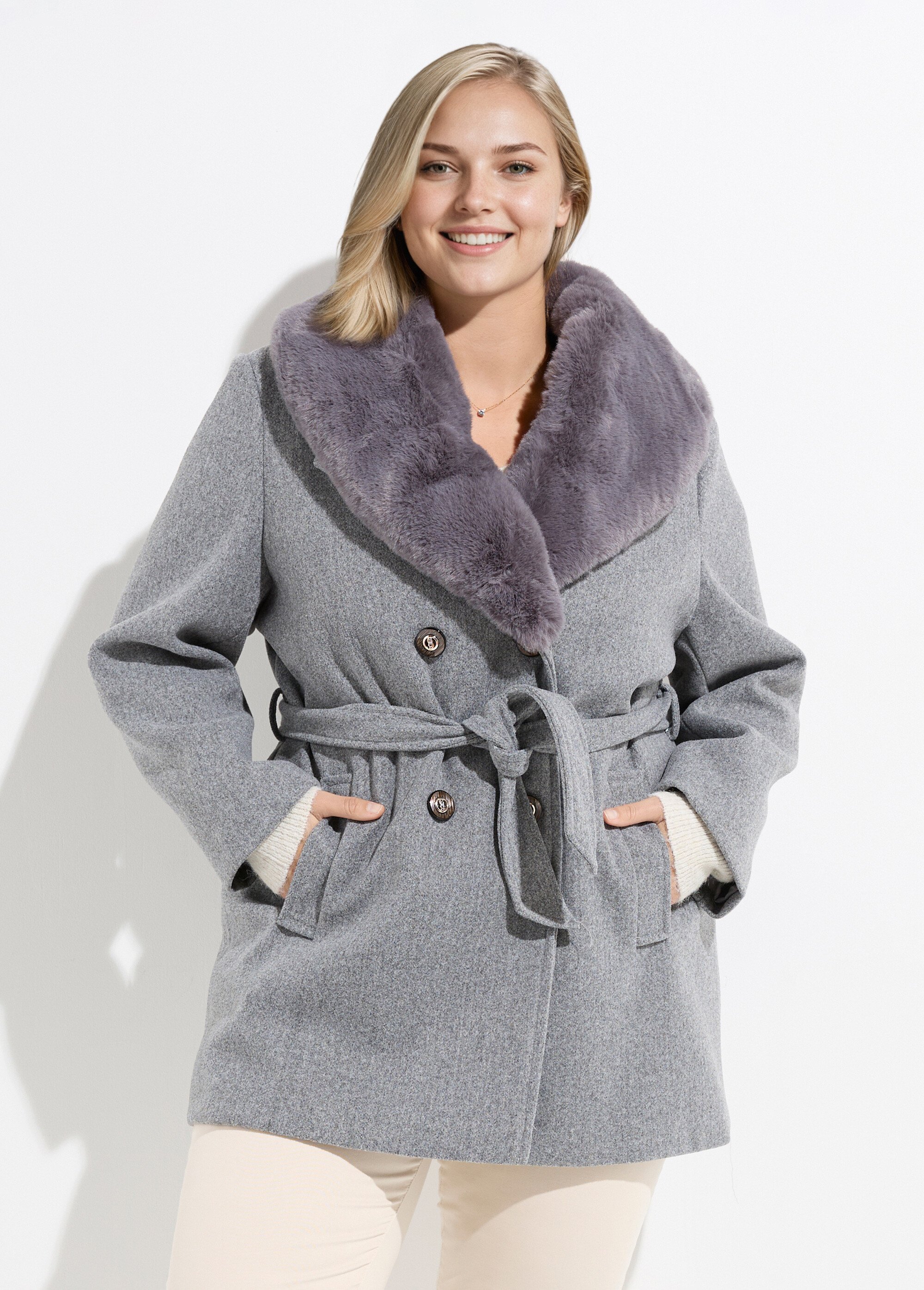 Manteau toucher laineux col fourrure Femme Grande Taille Gris CHY-E009 FA1
