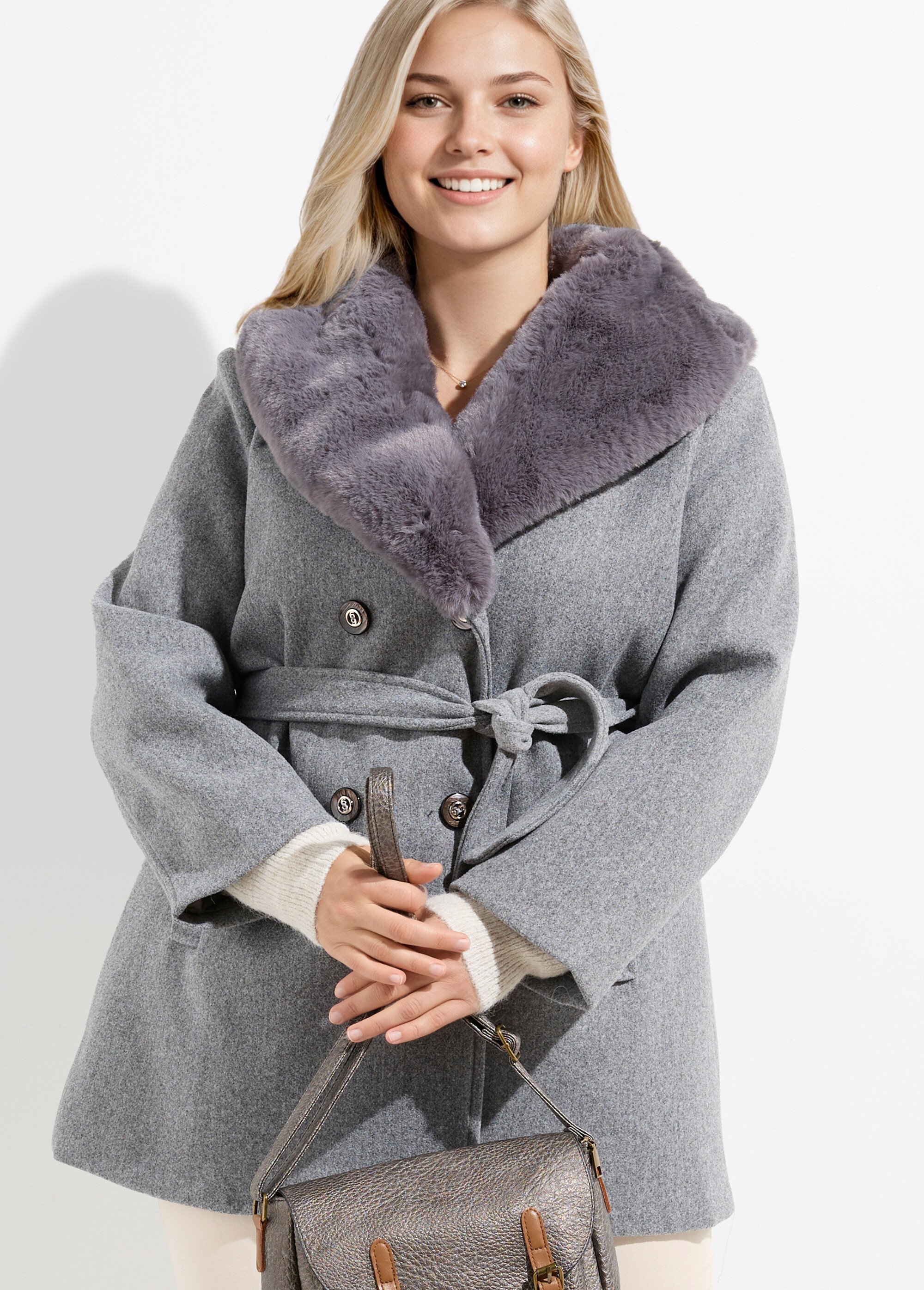 Manteau toucher laineux col fourrure Femme Grande Taille Gris CHY-E009 MV1