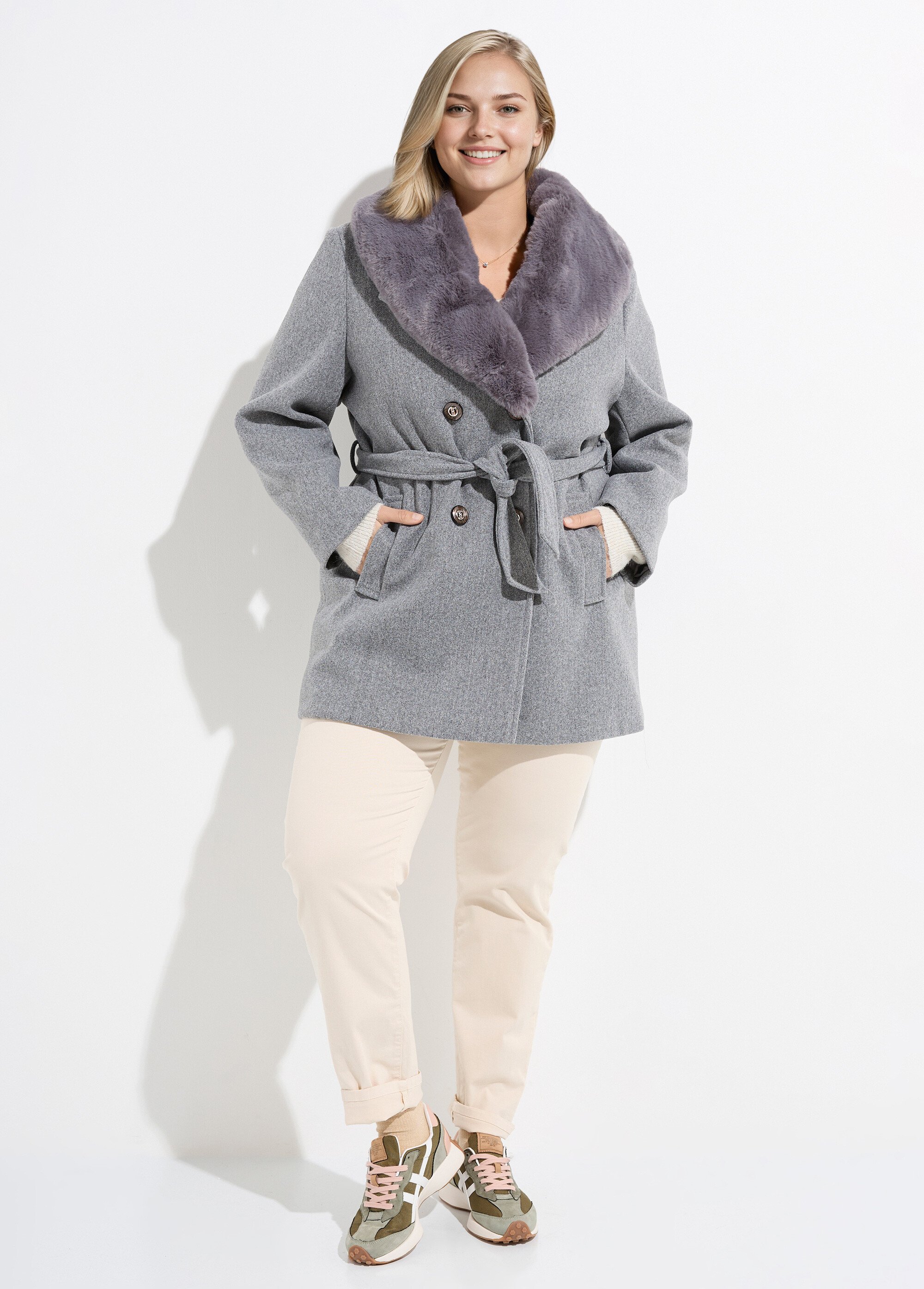 Manteau toucher laineux col fourrure Femme Grande Taille Gris CHY-E009 SF1