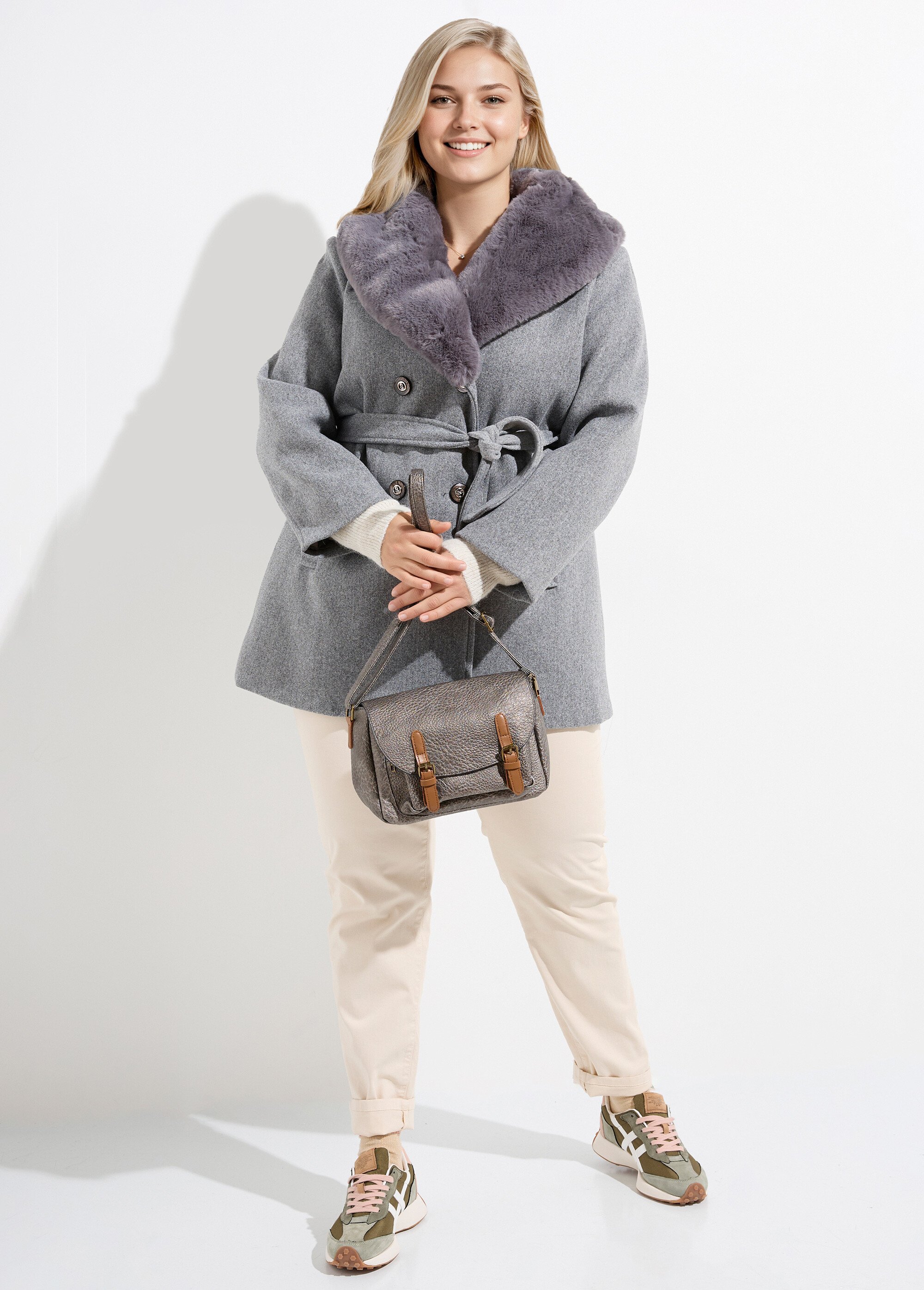 Manteau toucher laineux col fourrure Femme Grande Taille Gris CHY-E009 SI1