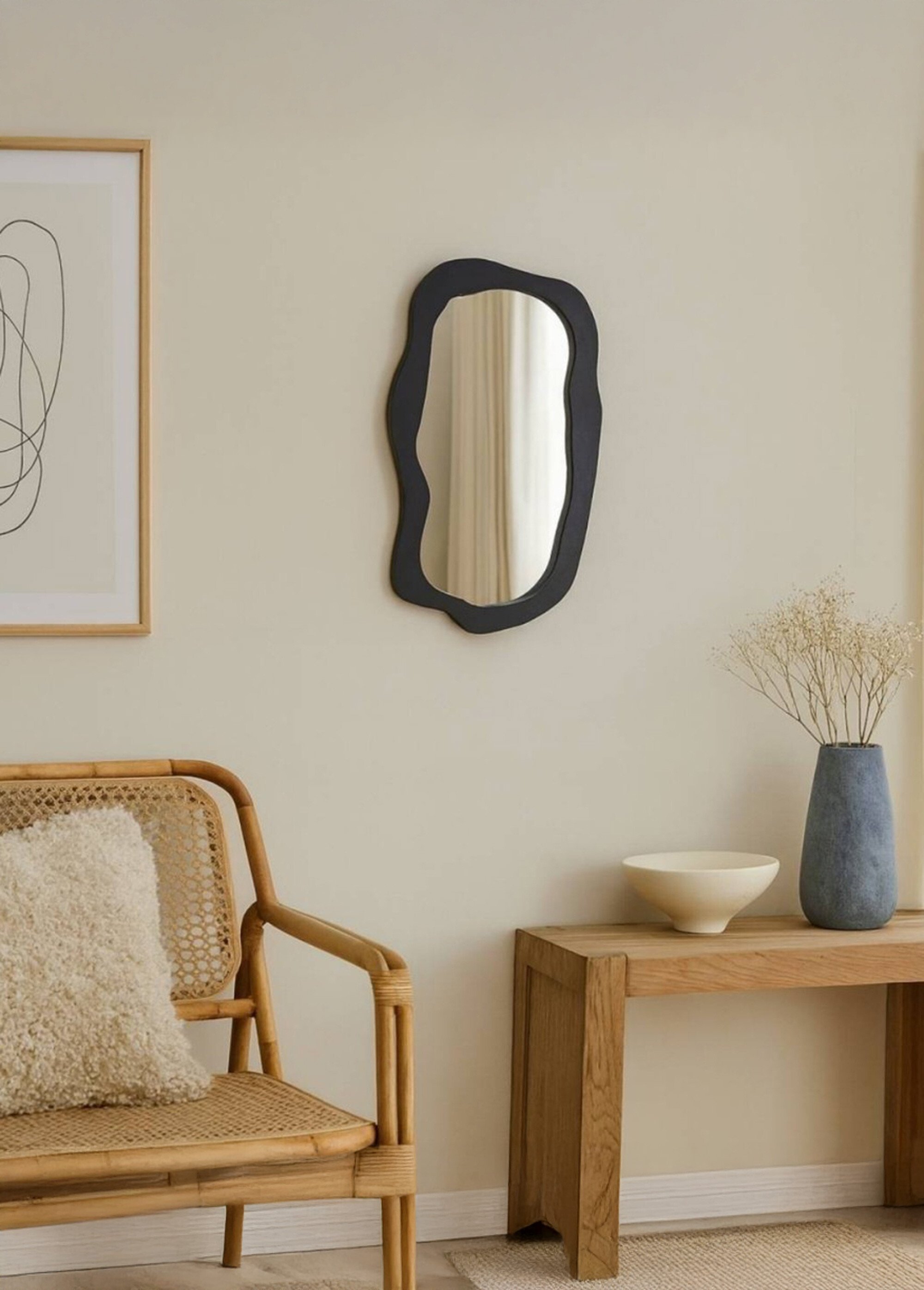 Miroir forme organique, effet bois brulé Noir NOR-25972 SI1