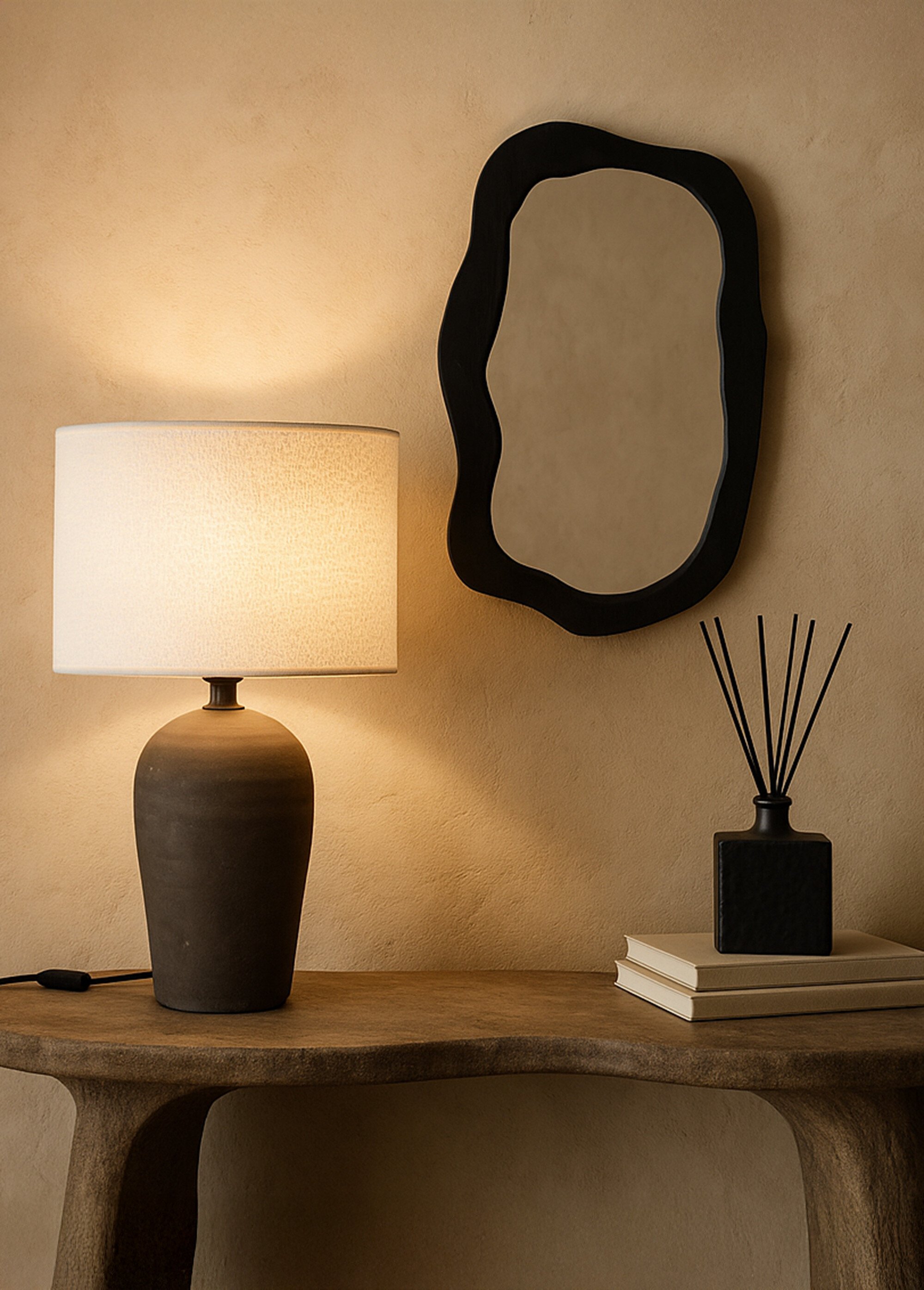 Miroir forme organique, effet bois brulé Noir NOR-25972 SI2