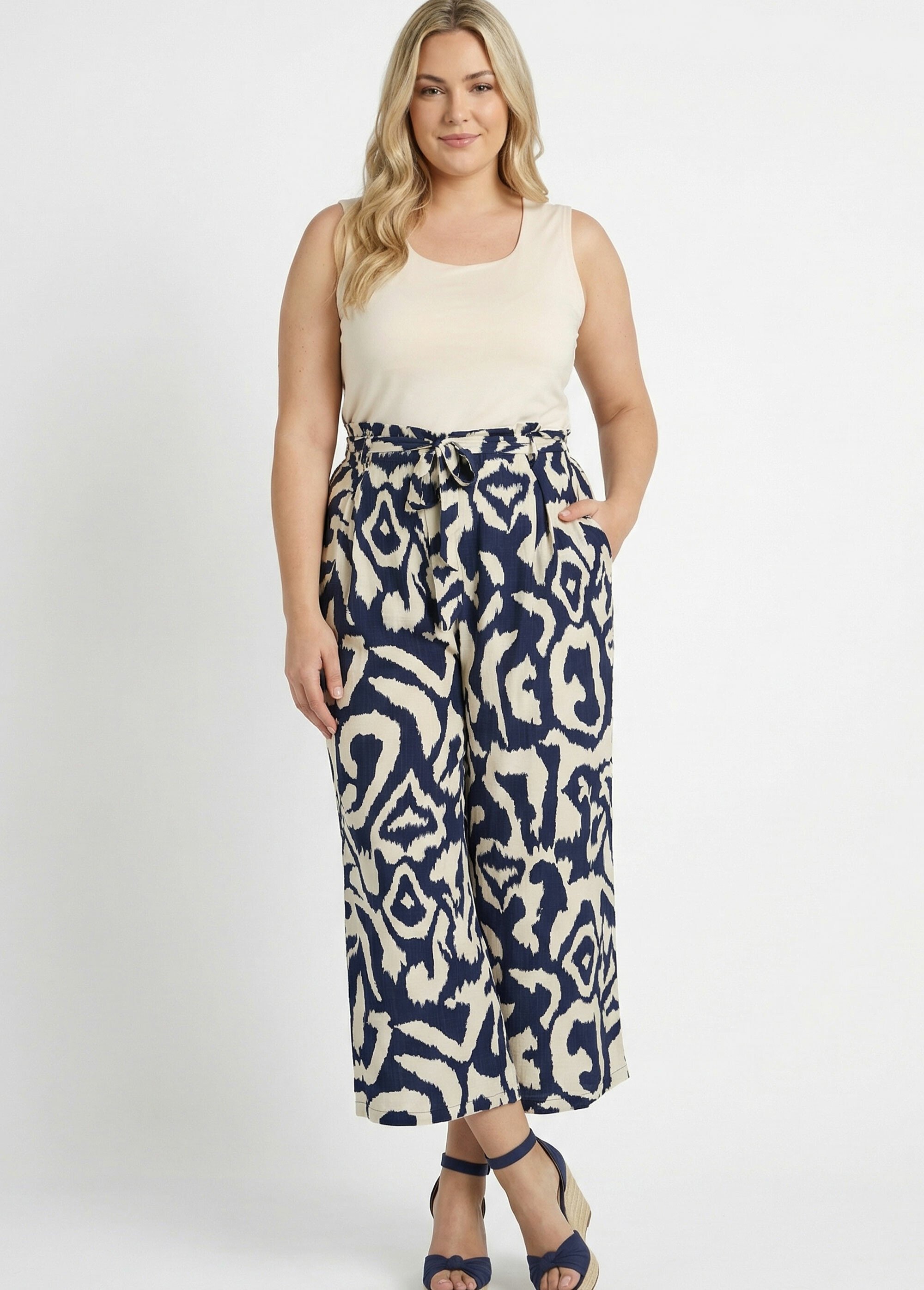 Pantalon large imprimé ethnique chic Femme Grande Taille Bleu MA-718-1501 MV1