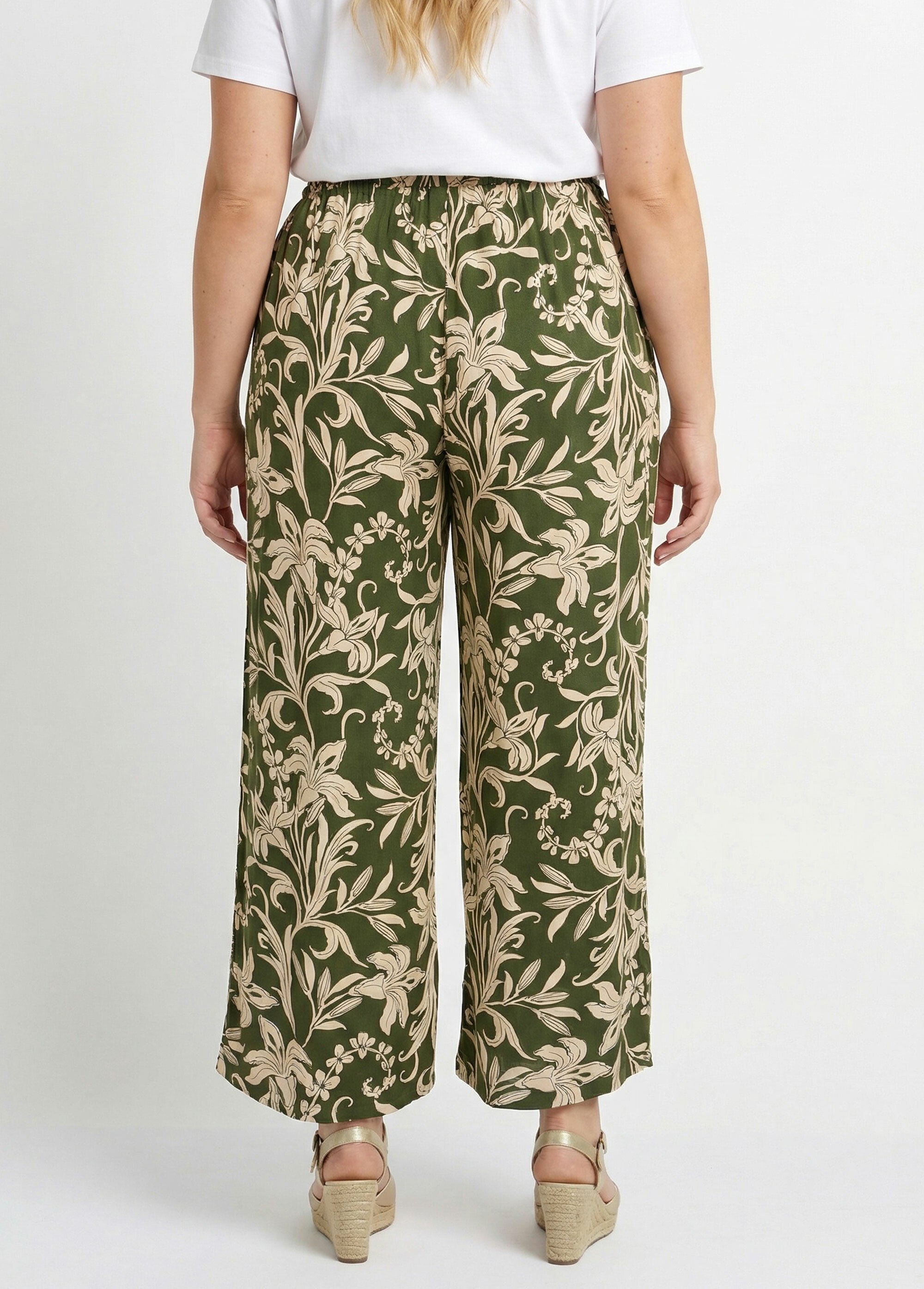 Pantalon taille élastiquée, motif fleuri Femme Grande Taille Beige MA-M922-2200 DO1