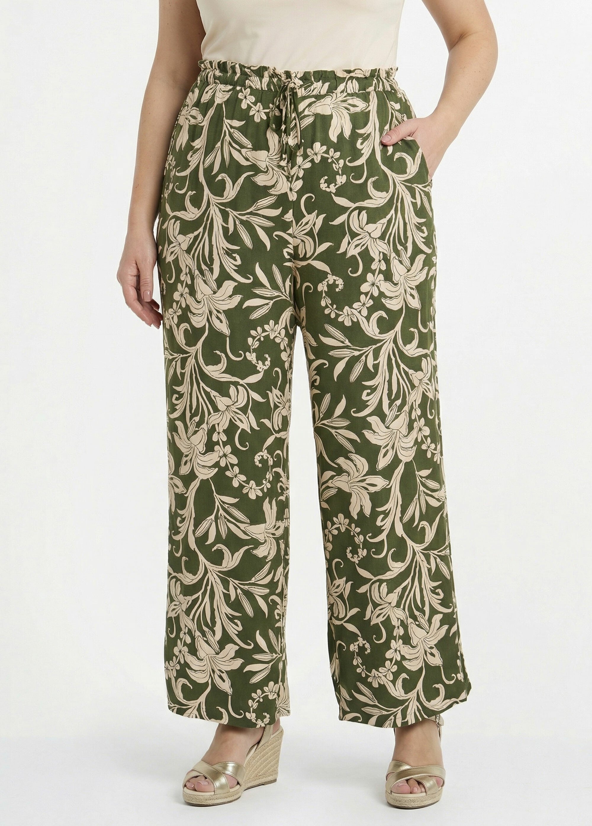 Pantalon taille élastiquée, motif fleuri Femme Grande Taille Beige MA-M922-2200 FA1