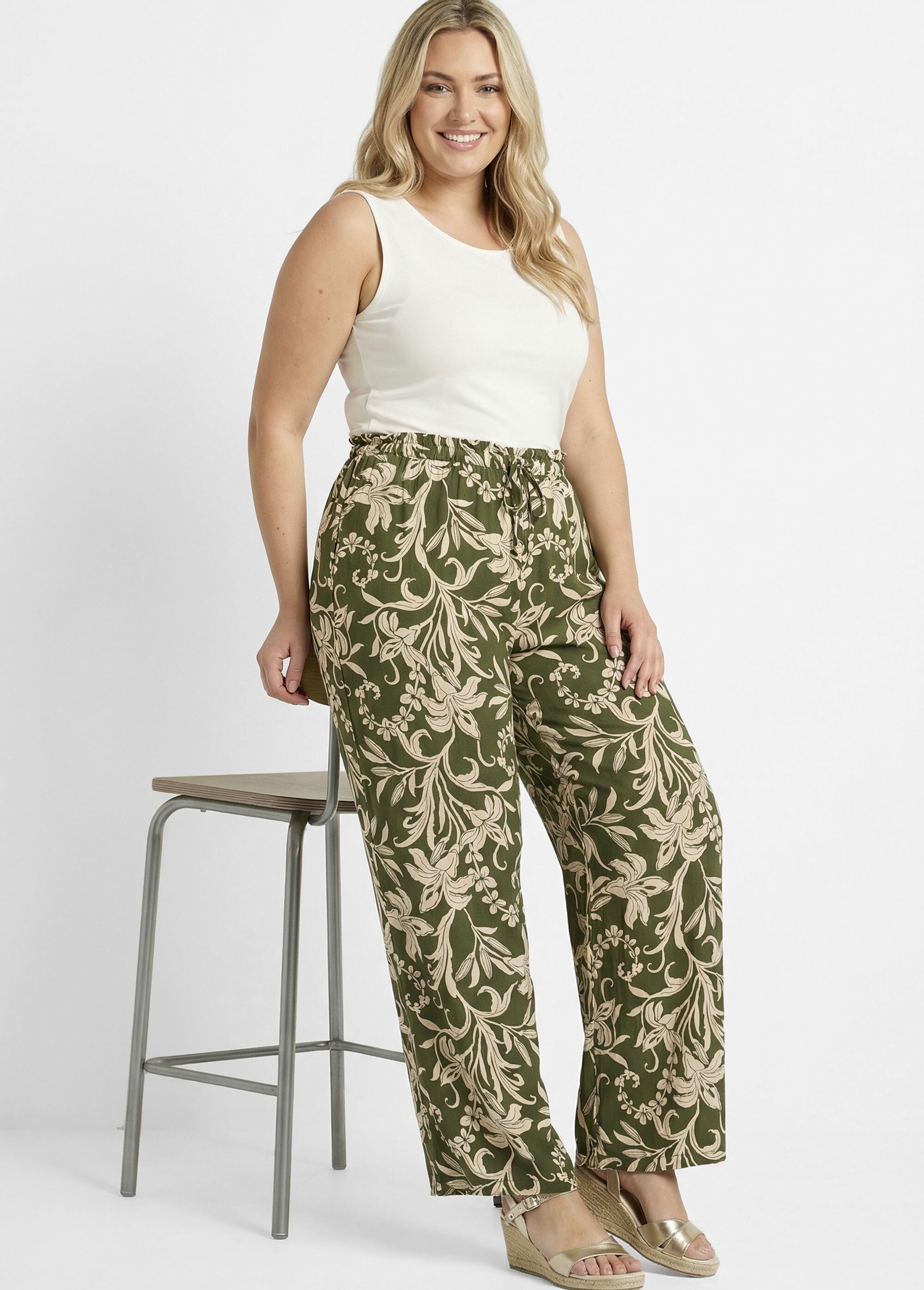 Pantalon taille élastiquée, motif fleuri
