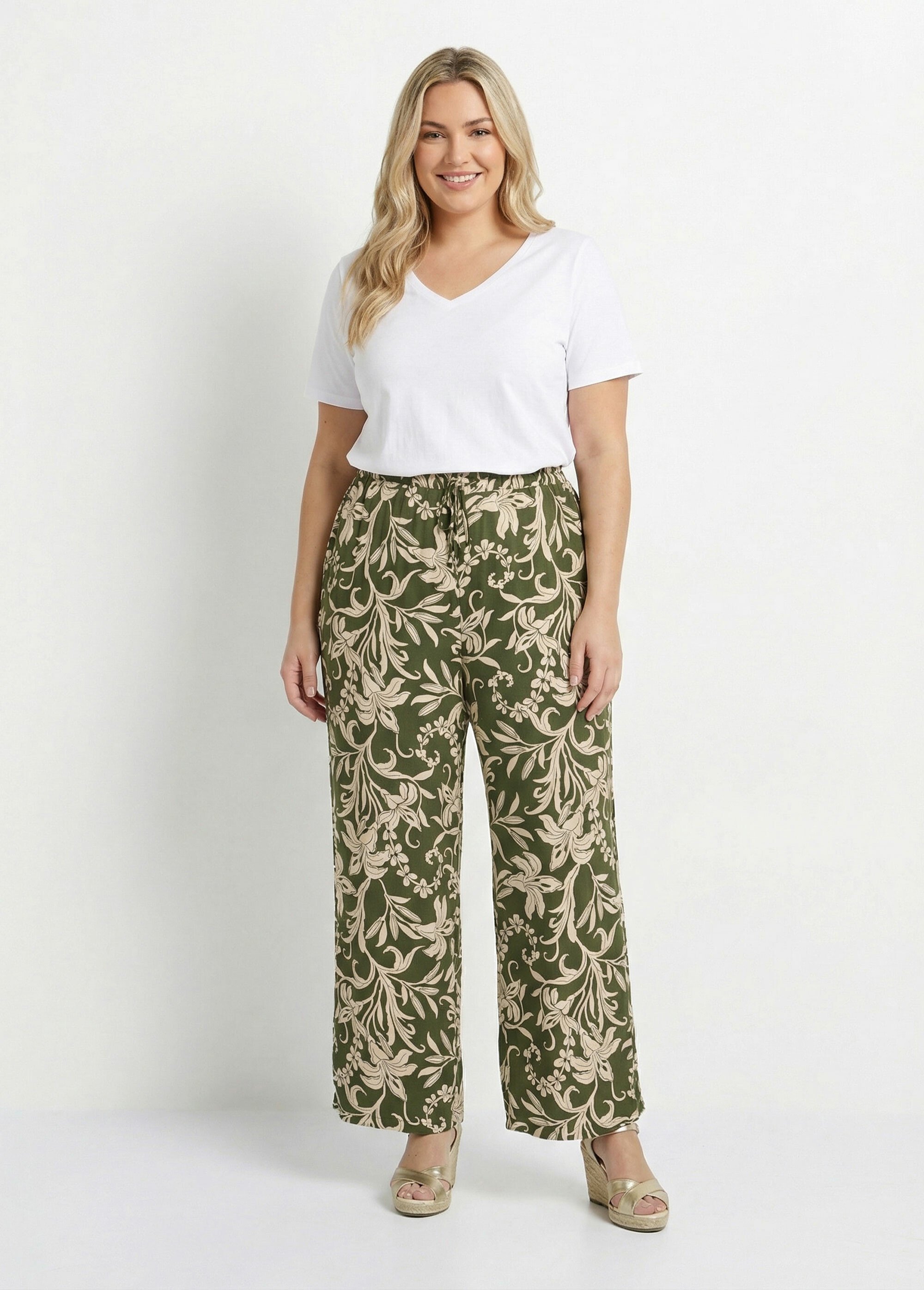 Pantalon taille élastiquée, motif fleuri Femme Grande Taille Beige MA-M922-2200 SF1