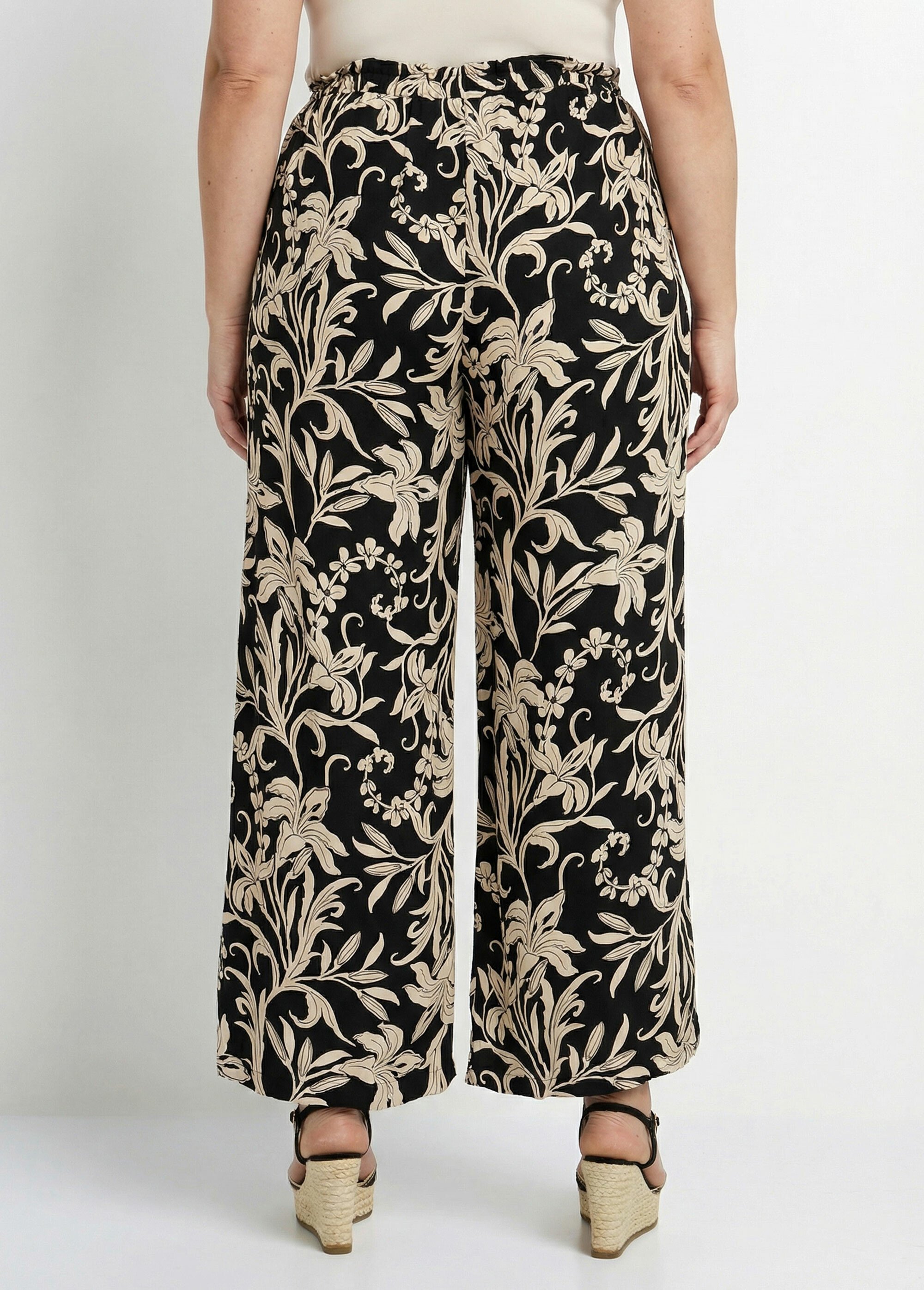 Pantalon taille élastiquée, motif fleuri