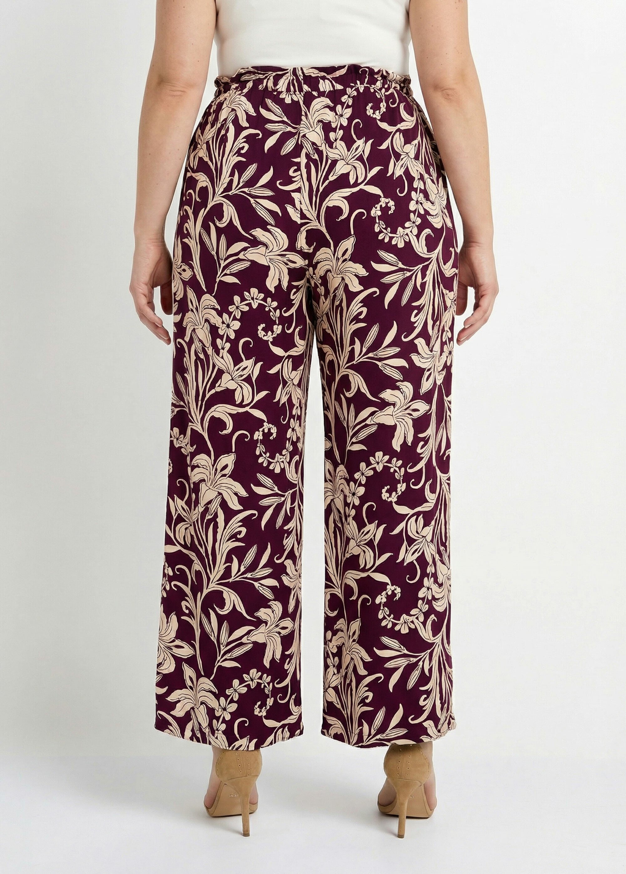 Pantalon taille élastiquée, motif fleuri Femme Grande Taille Rouge MA-M922-2200 DO1