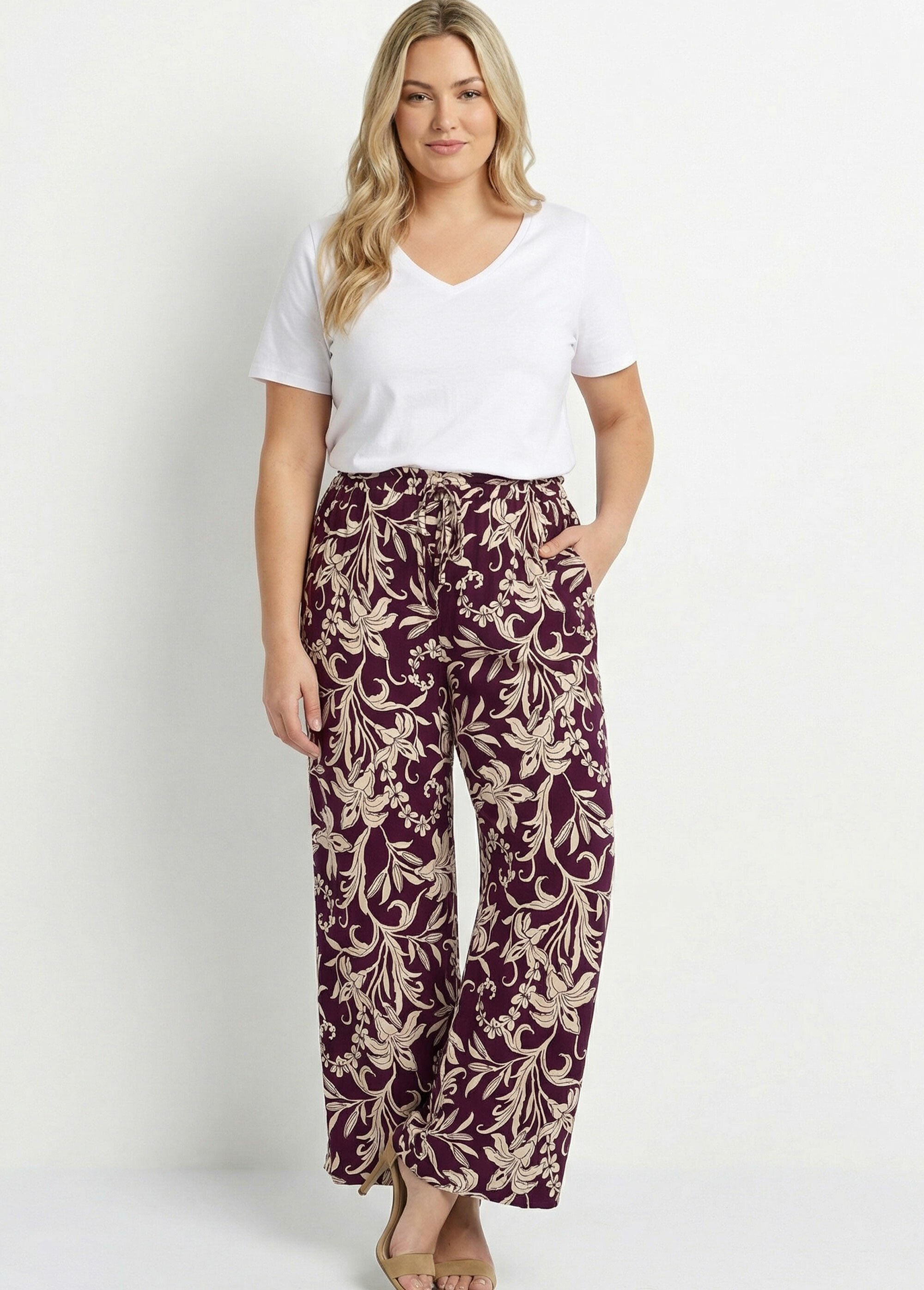 Pantalon taille élastiquée, motif fleuri