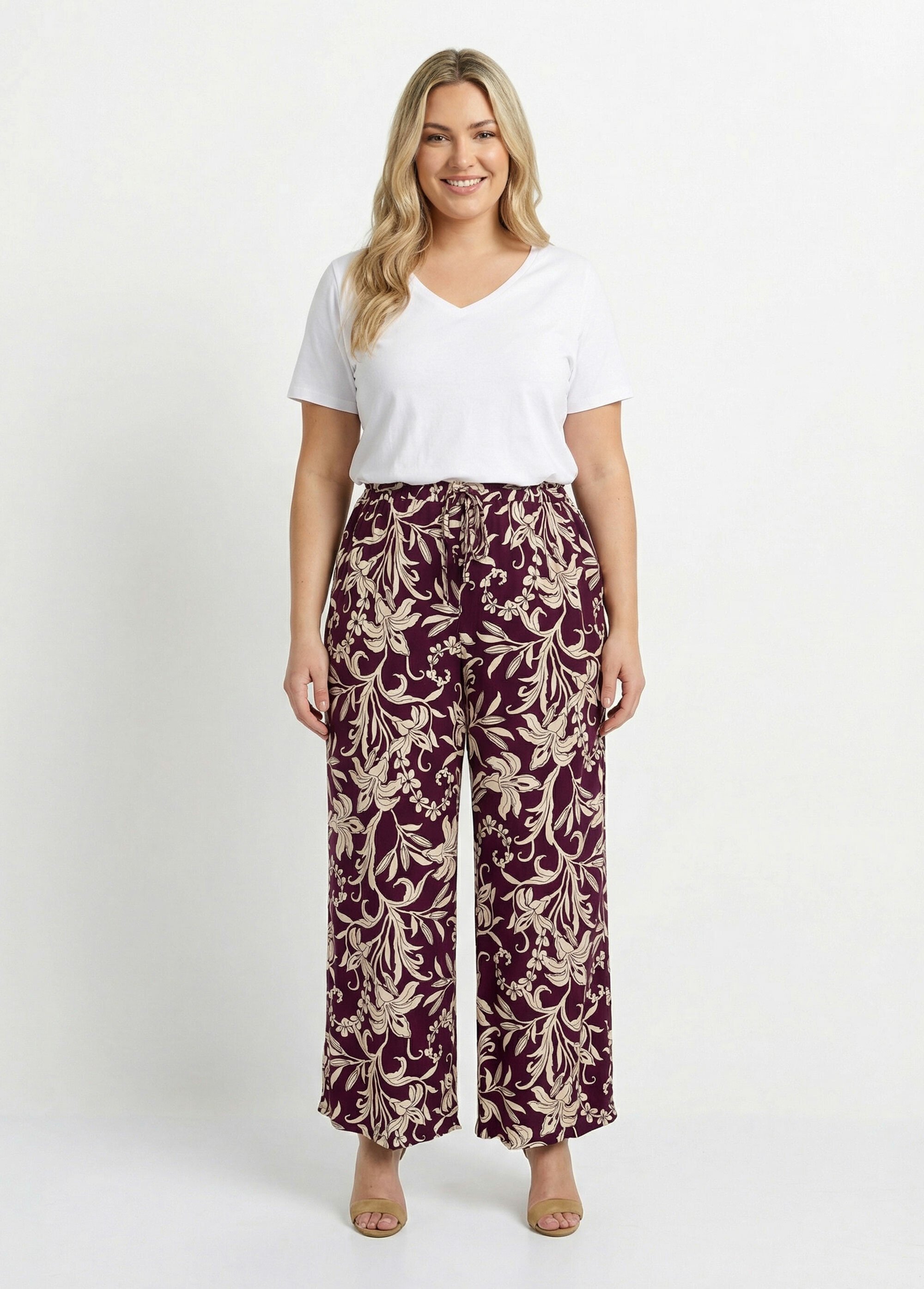 Pantalon taille élastiquée, motif fleuri Femme Grande Taille Rouge MA-M922-2200 SF1