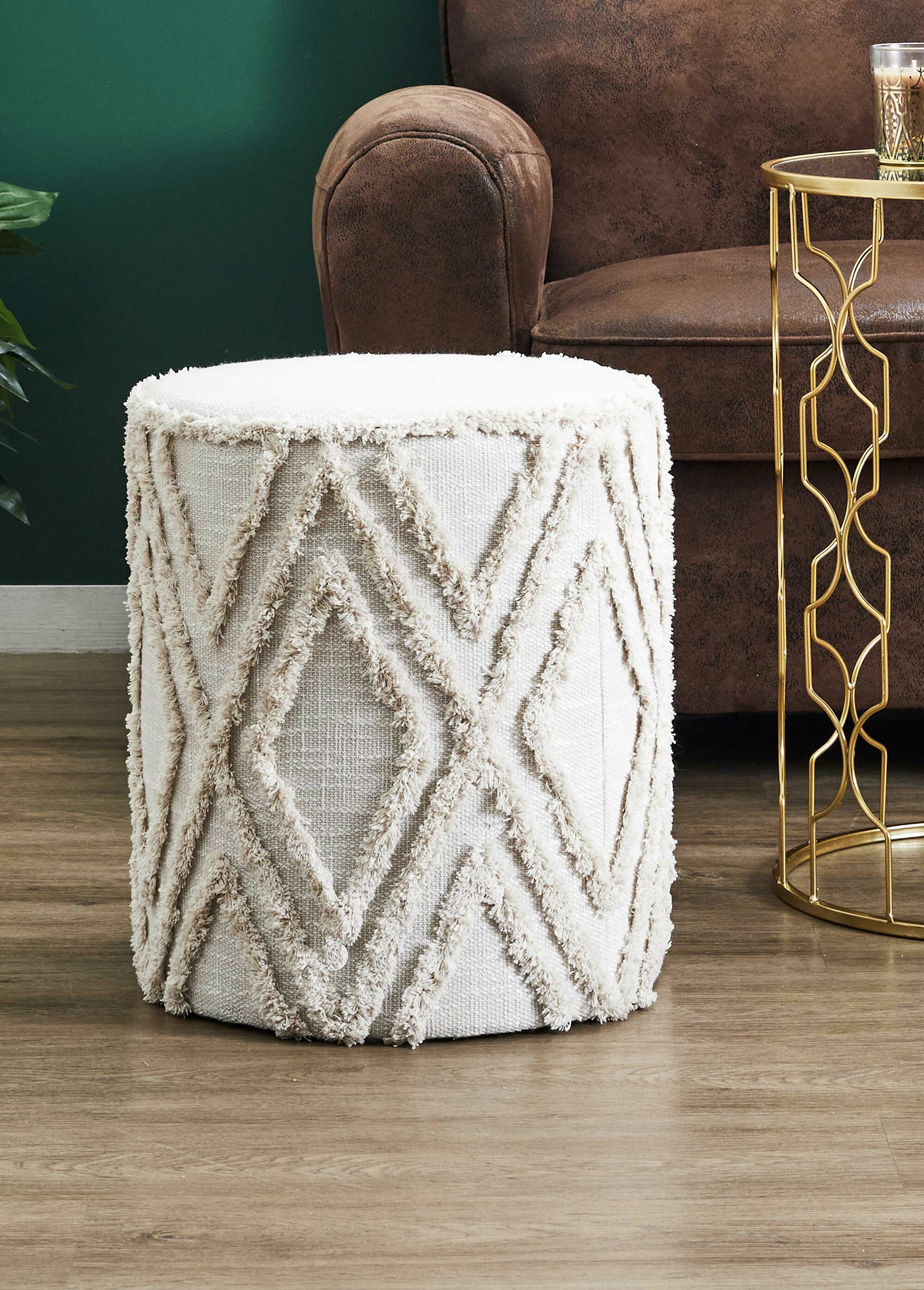 Pouf en tissu frangé style ethnique BEIGE CMP-HD0502 SI1