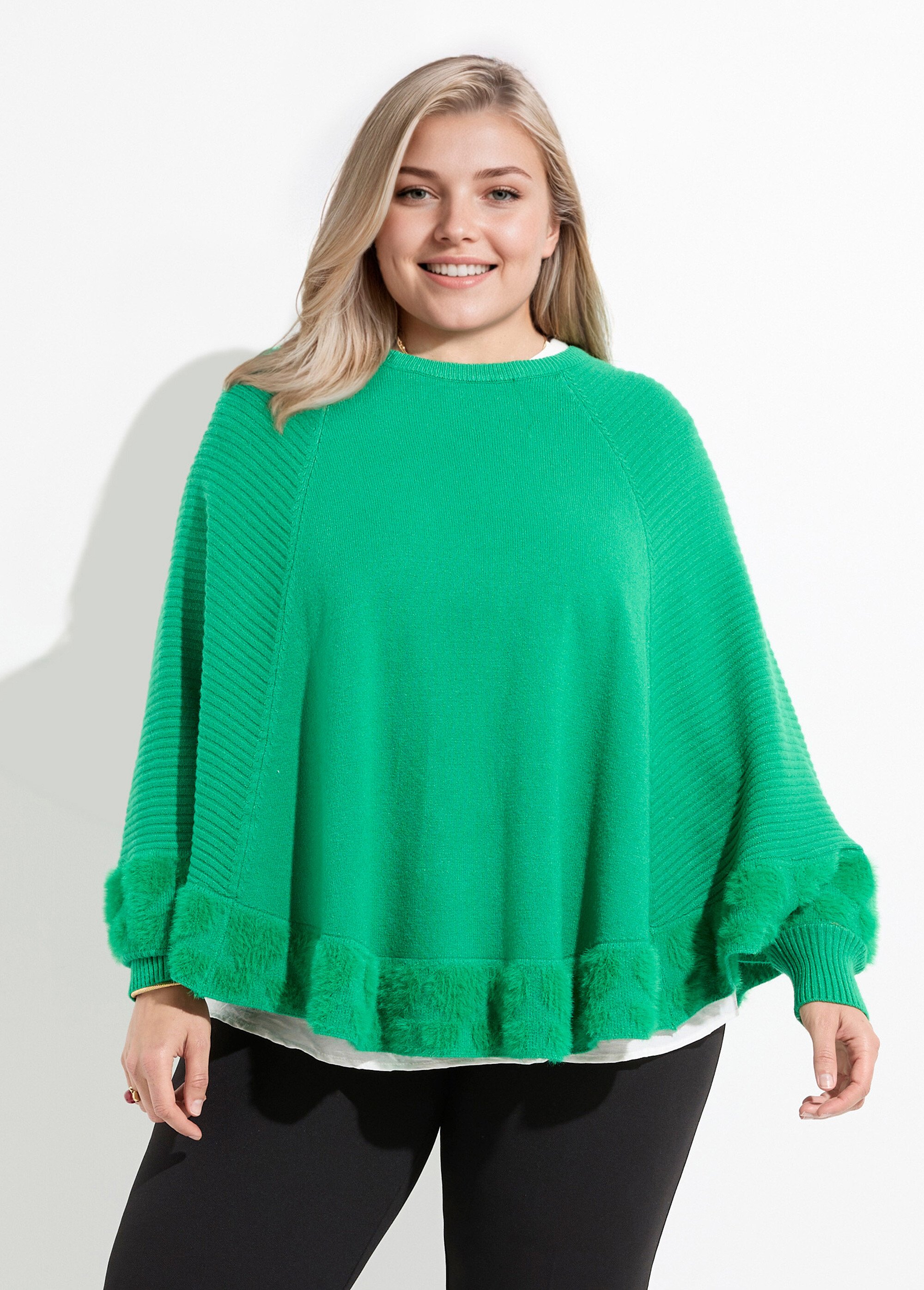Poncho cape maille coeurs et col rond Femme Grande Taille Vert CHY-2264 FA1