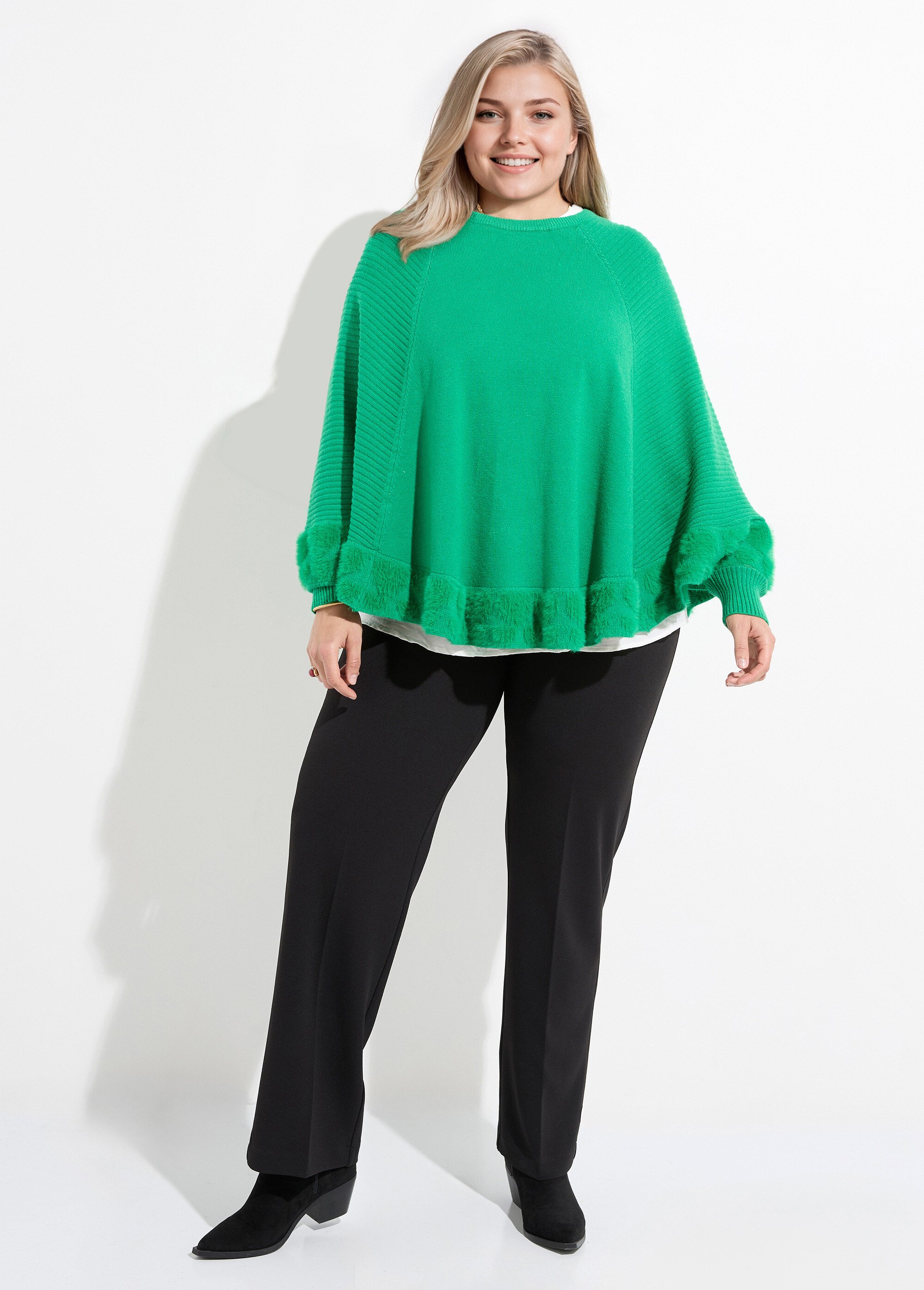 Poncho cape maille coeurs et col rond Femme Grande Taille Vert CHY-2264 SF1
