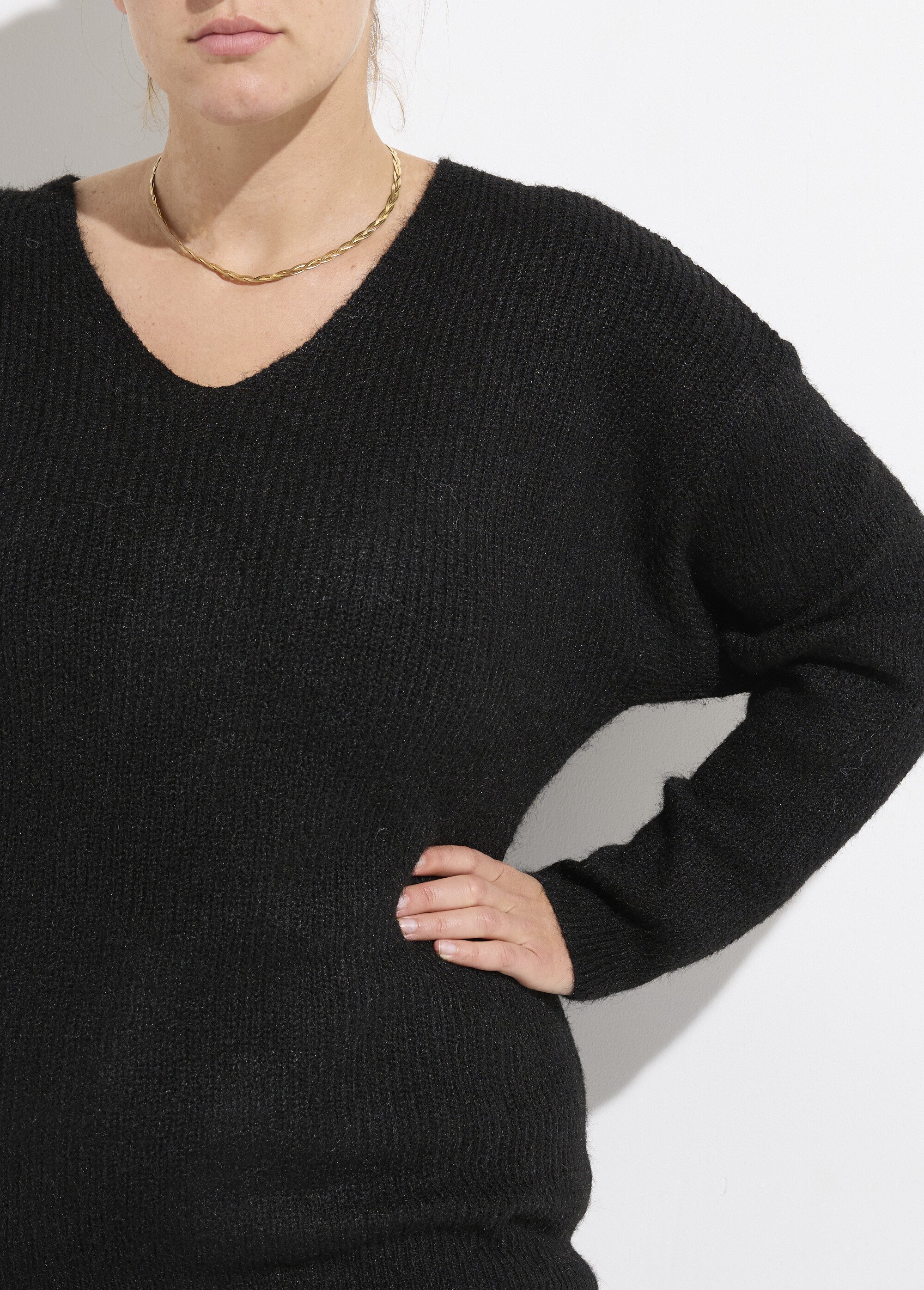Pull col V chaud maille mousseuse laine Femme Grande Taille Noir CHY-1350 DE1