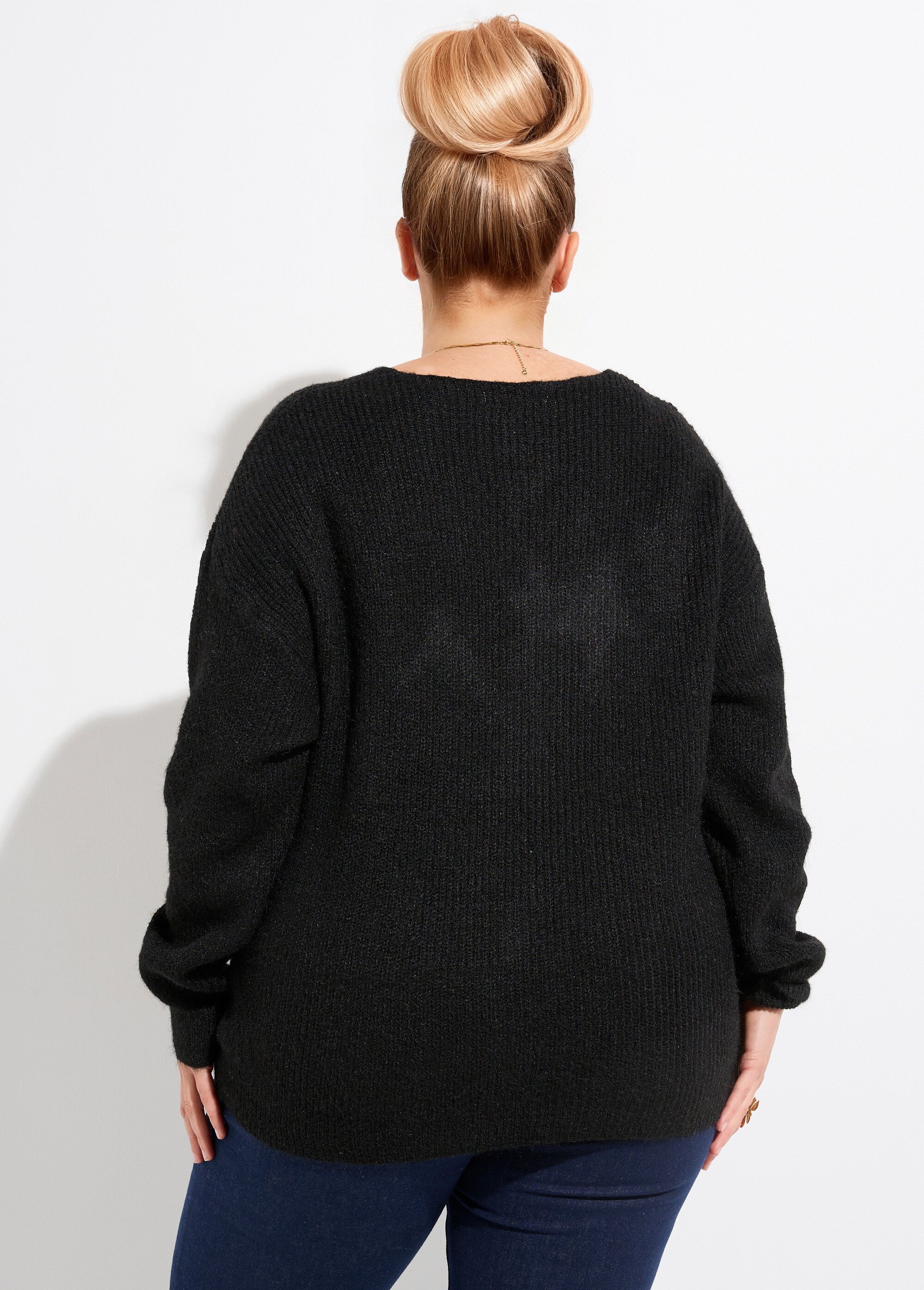 Pull col V chaud maille mousseuse laine Femme Grande Taille Noir CHY-1350 DO1