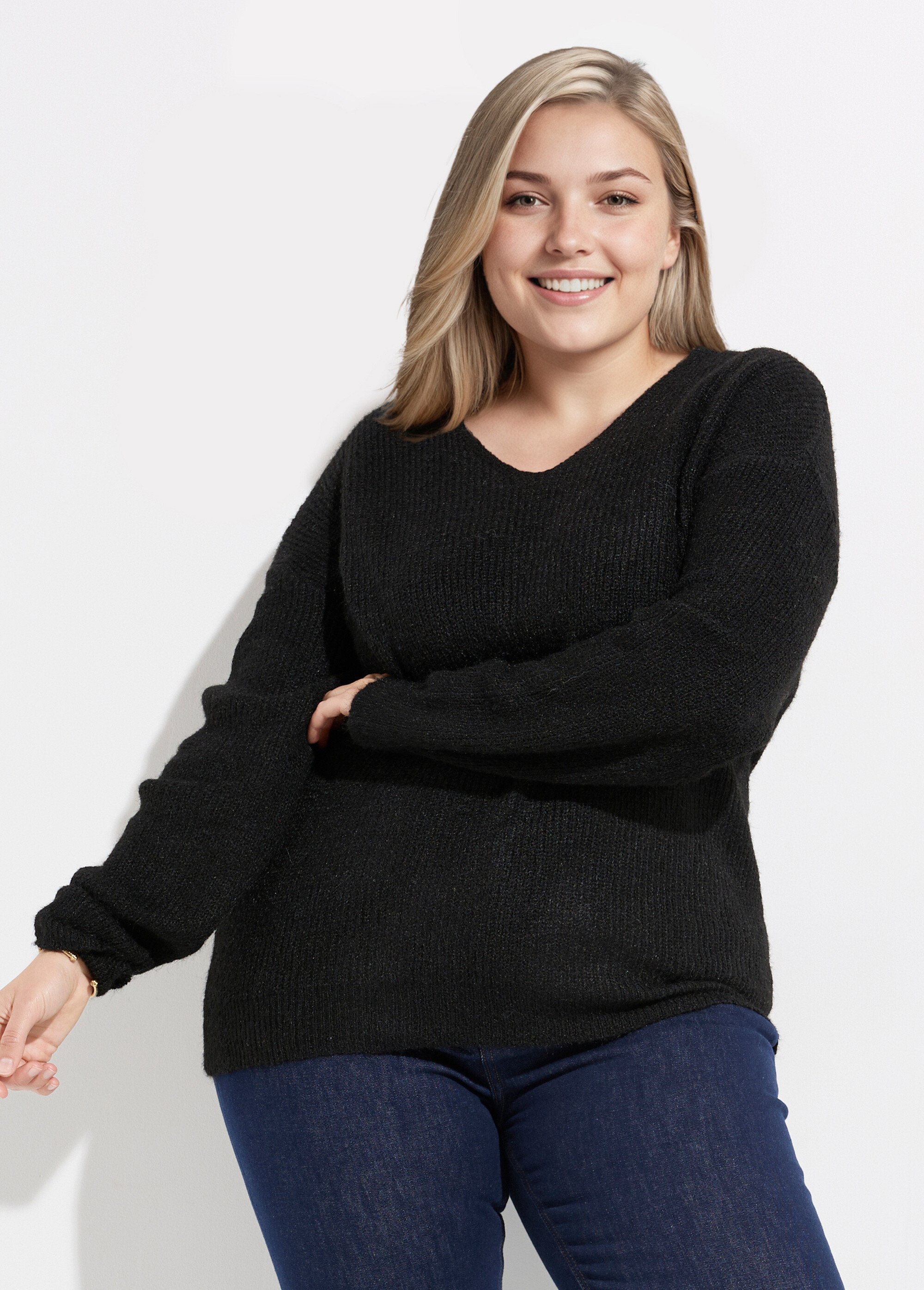 Pull col V chaud maille mousseuse laine Femme Grande Taille Noir CHY-1350 FA1