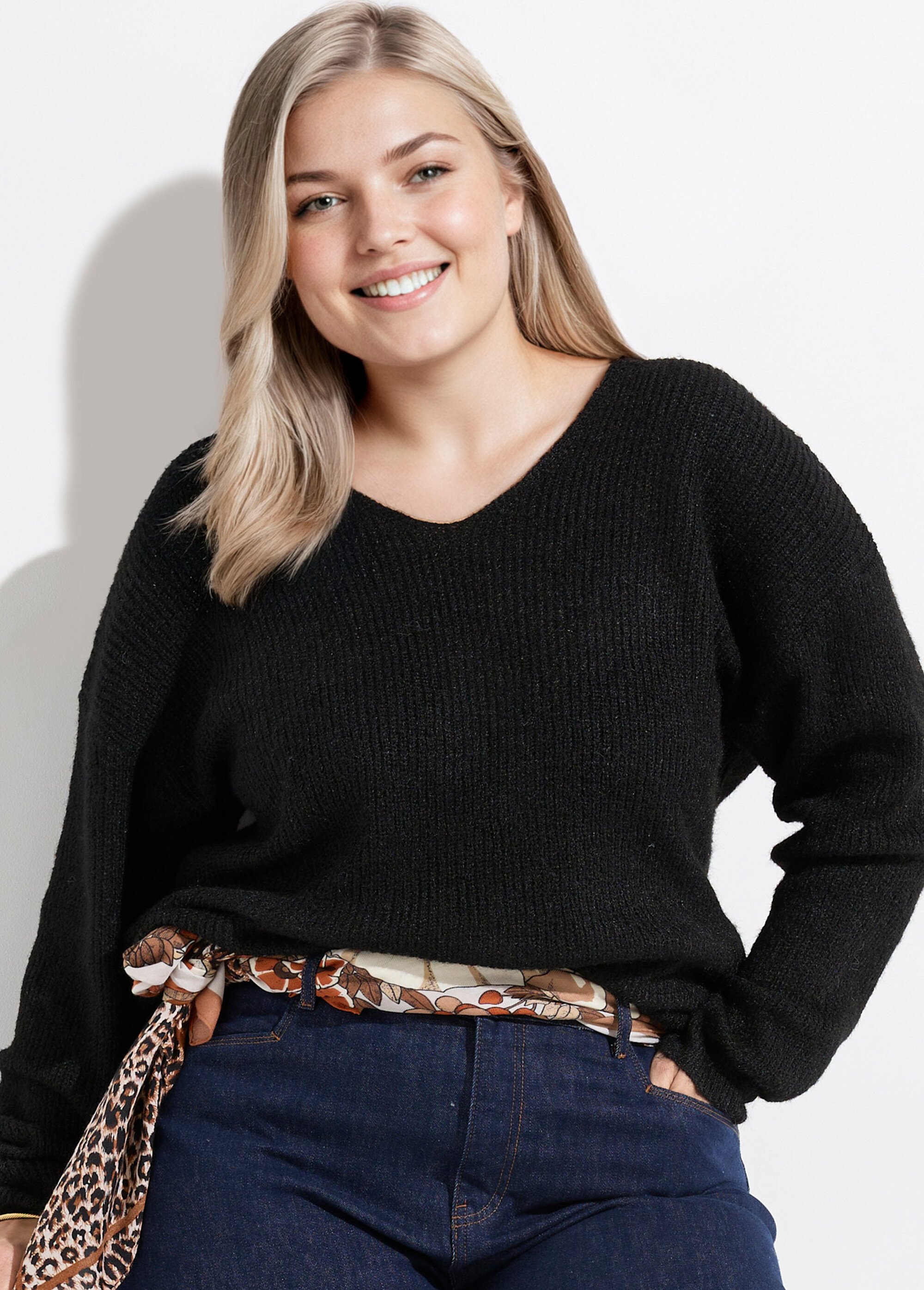 Pull col V chaud maille mousseuse laine Femme Grande Taille Noir CHY-1350 MV1