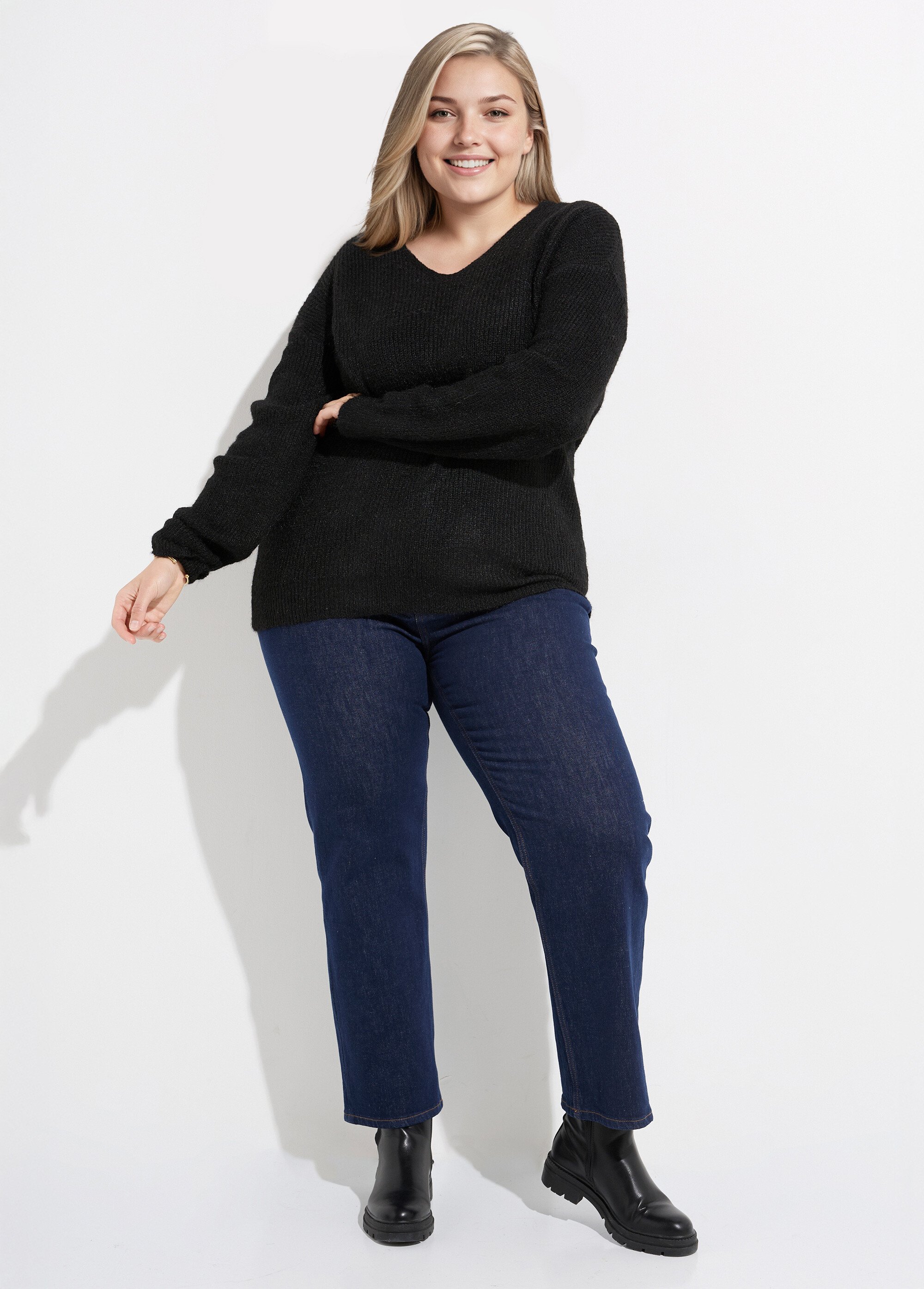 Pull col V chaud maille mousseuse laine Femme Grande Taille Noir CHY-1350 SF1