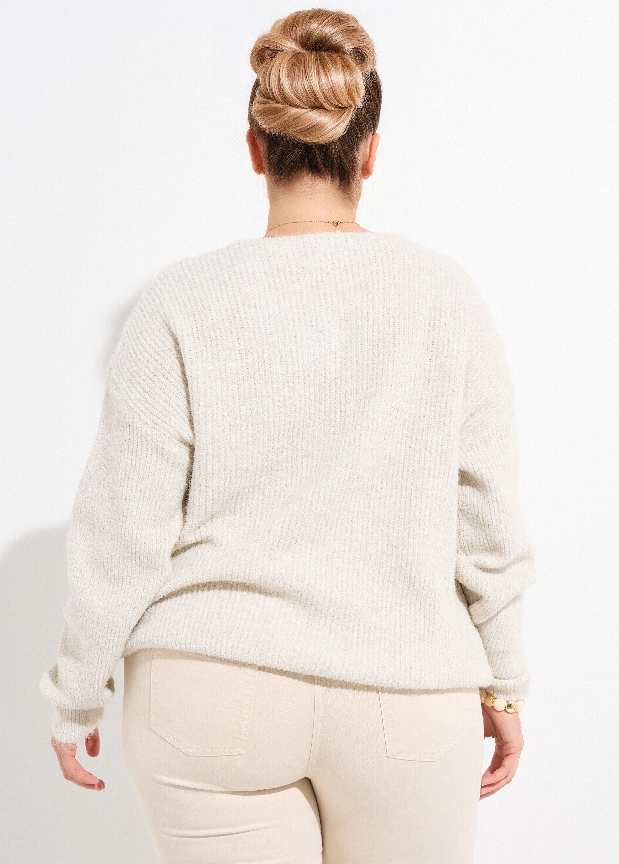 Pull col V chaud maille mousseuse laine Femme Grande Taille Beige CHY-1350 DO1