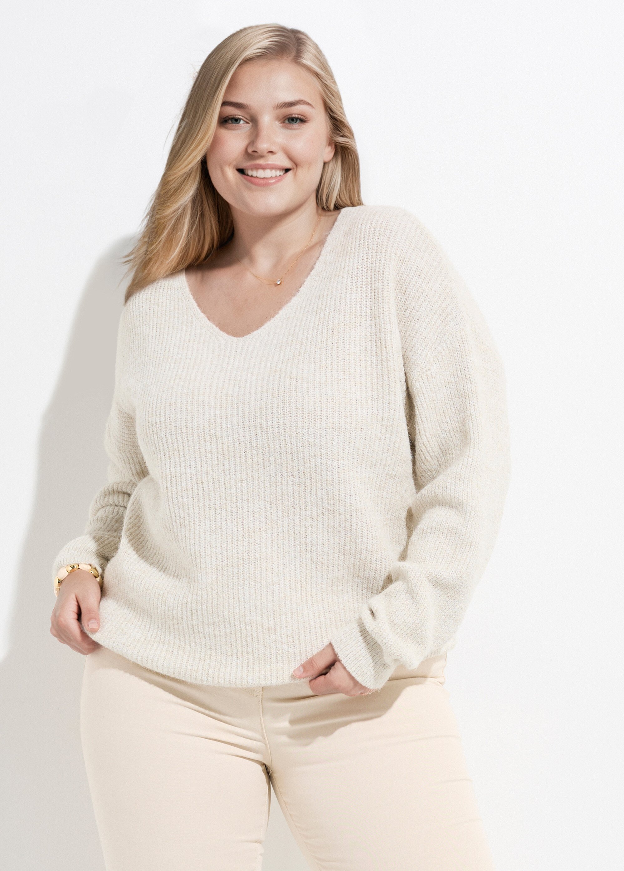 Pull col V chaud maille mousseuse laine Femme Grande Taille Beige CHY-1350 FA1