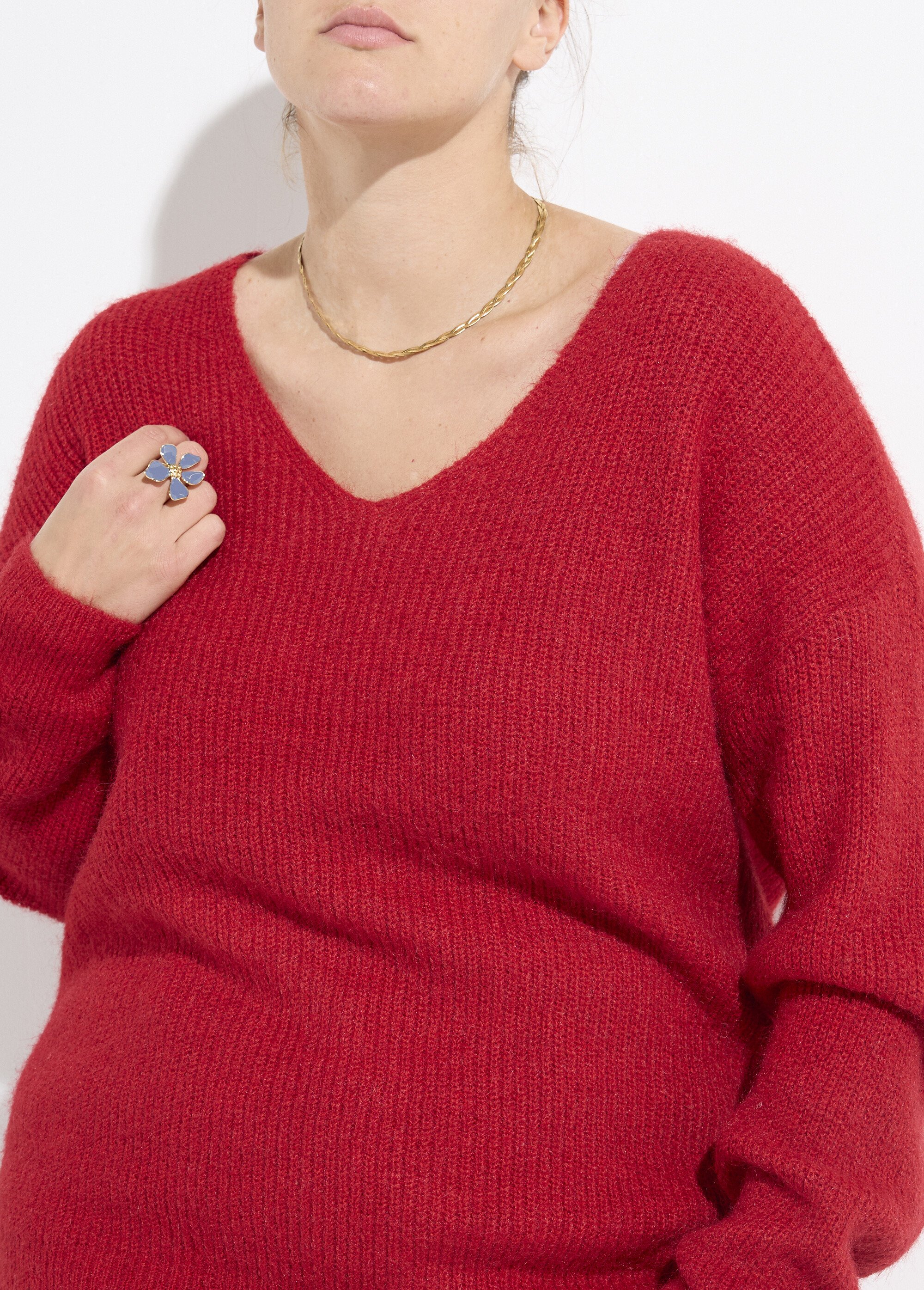 Pull col V chaud maille mousseuse laine Femme Grande Taille Rouge CHY-1350 DE1