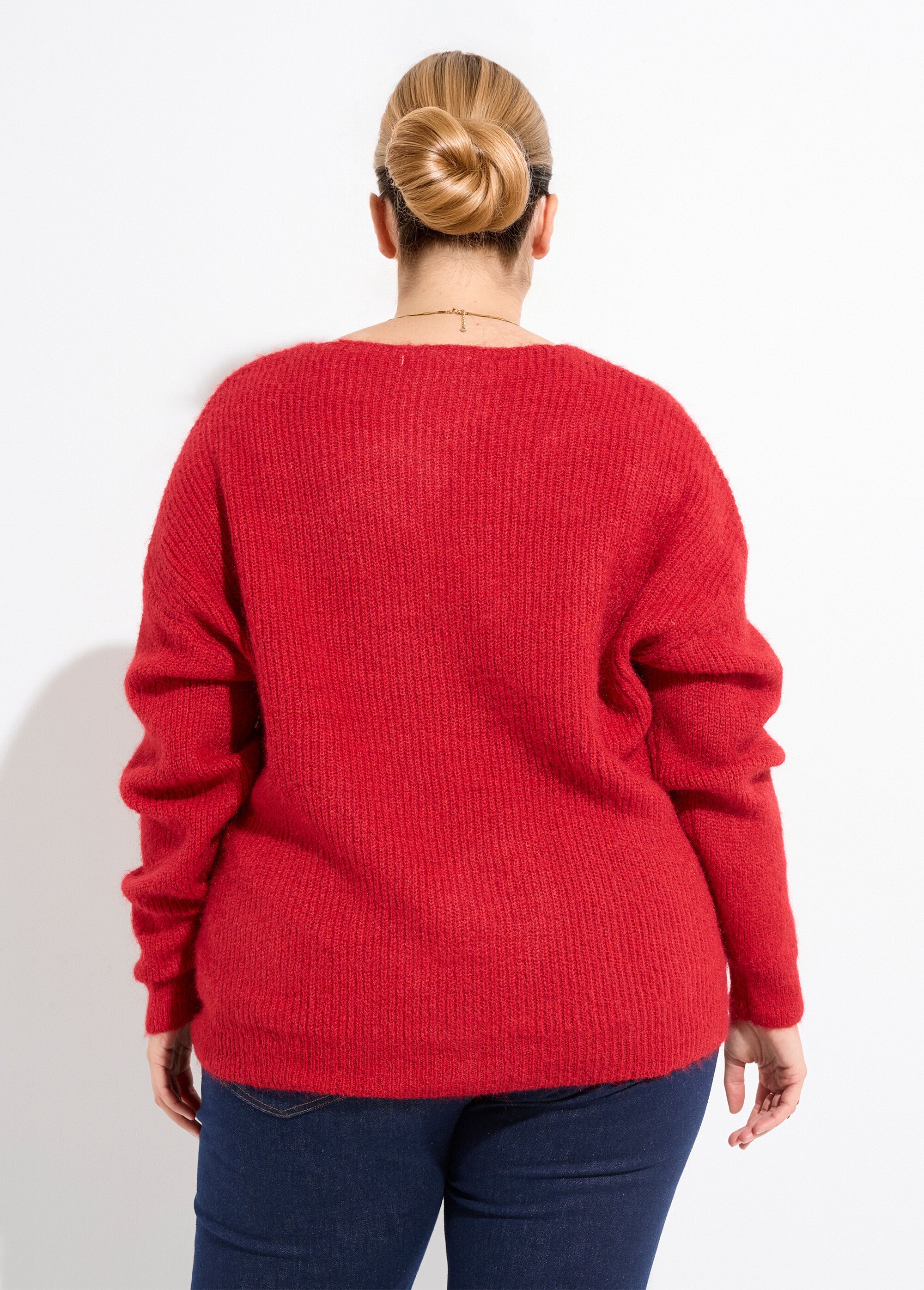 Pull col V chaud maille mousseuse laine Femme Grande Taille Rouge CHY-1350 DO1