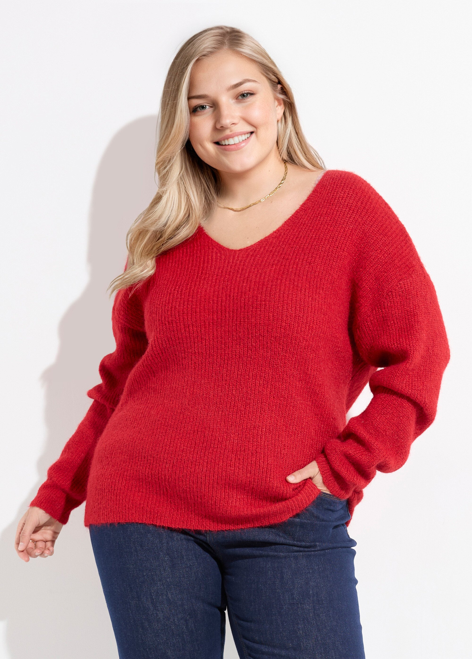 Pull col V chaud maille mousseuse laine Femme Grande Taille Rouge CHY-1350 FA1