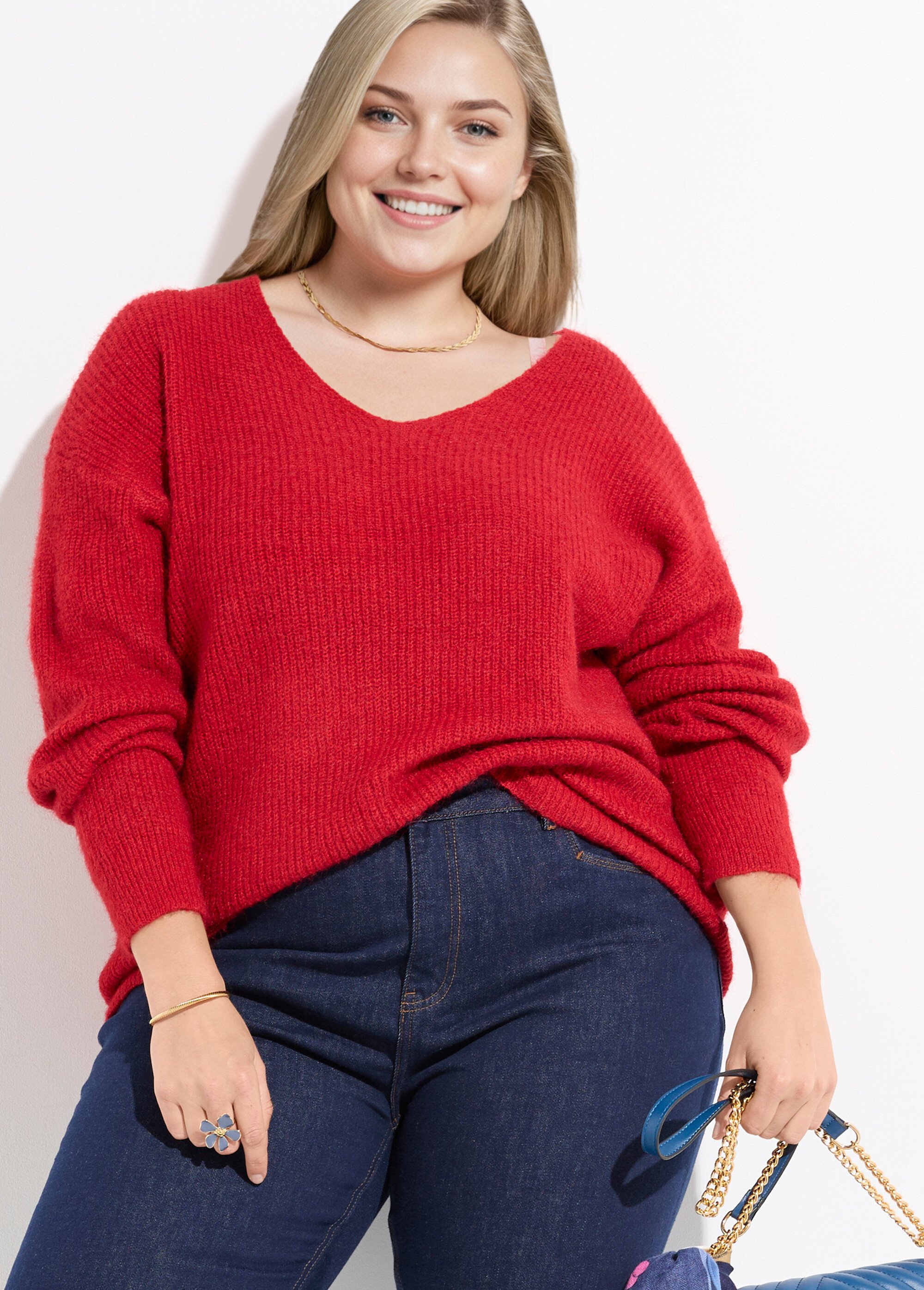 Pull col V chaud maille mousseuse laine Femme Grande Taille Rouge CHY-1350 MV1