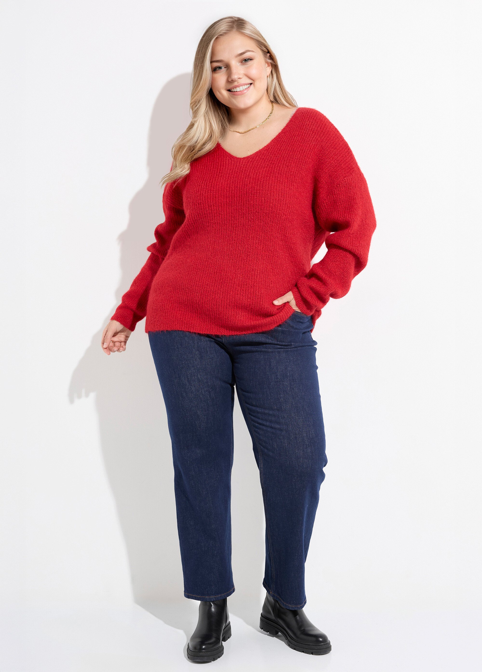 Pull col V chaud maille mousseuse laine Femme Grande Taille Rouge CHY-1350 SF1