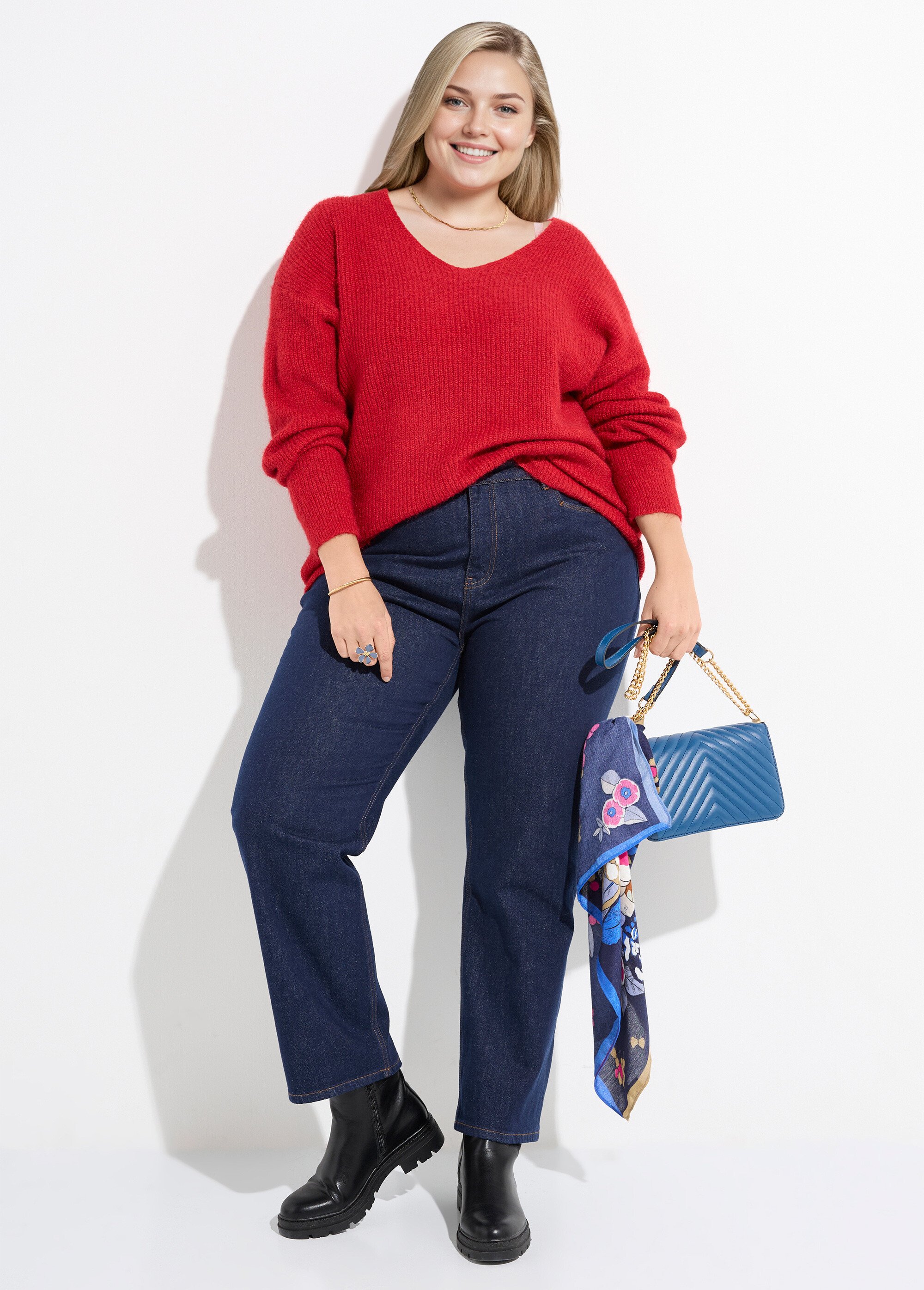 Pull col V chaud maille mousseuse laine Femme Grande Taille Rouge CHY-1350 SI1