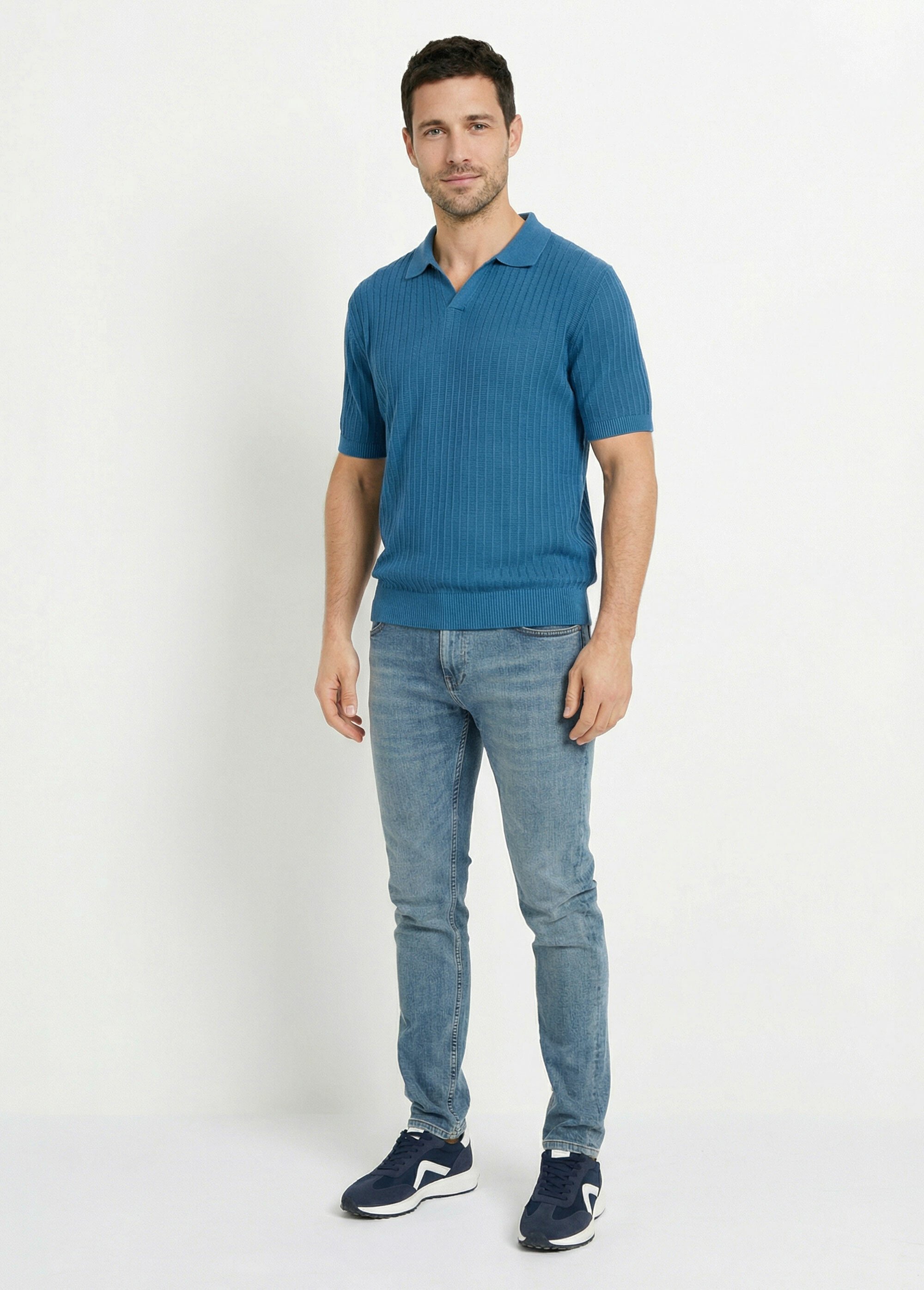 Pull fin col polo, en maille texturée Bleu FRIDZ2466 SF1