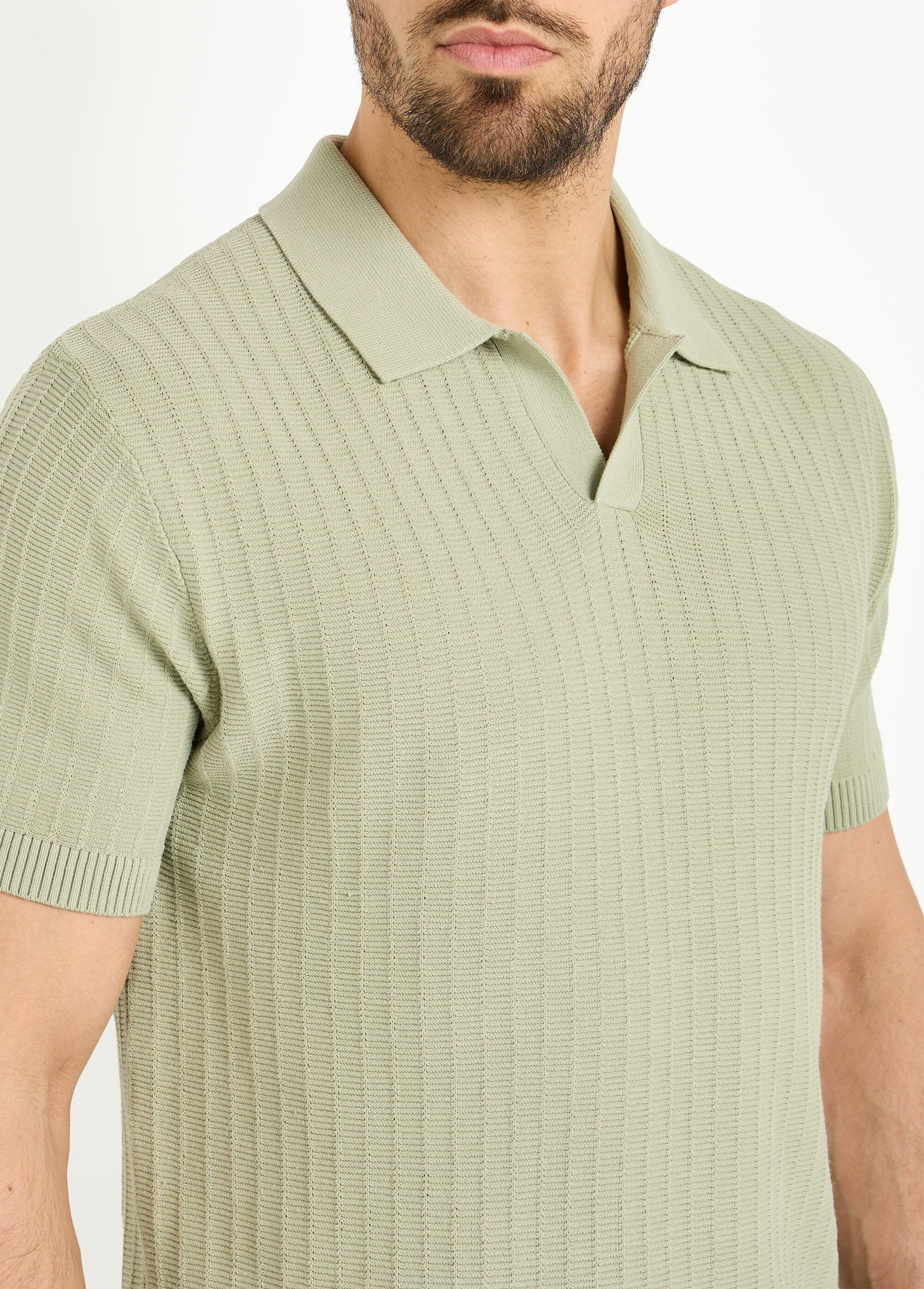 Pull fin col polo, en maille texturée Vert FRIDZ2466 DE1