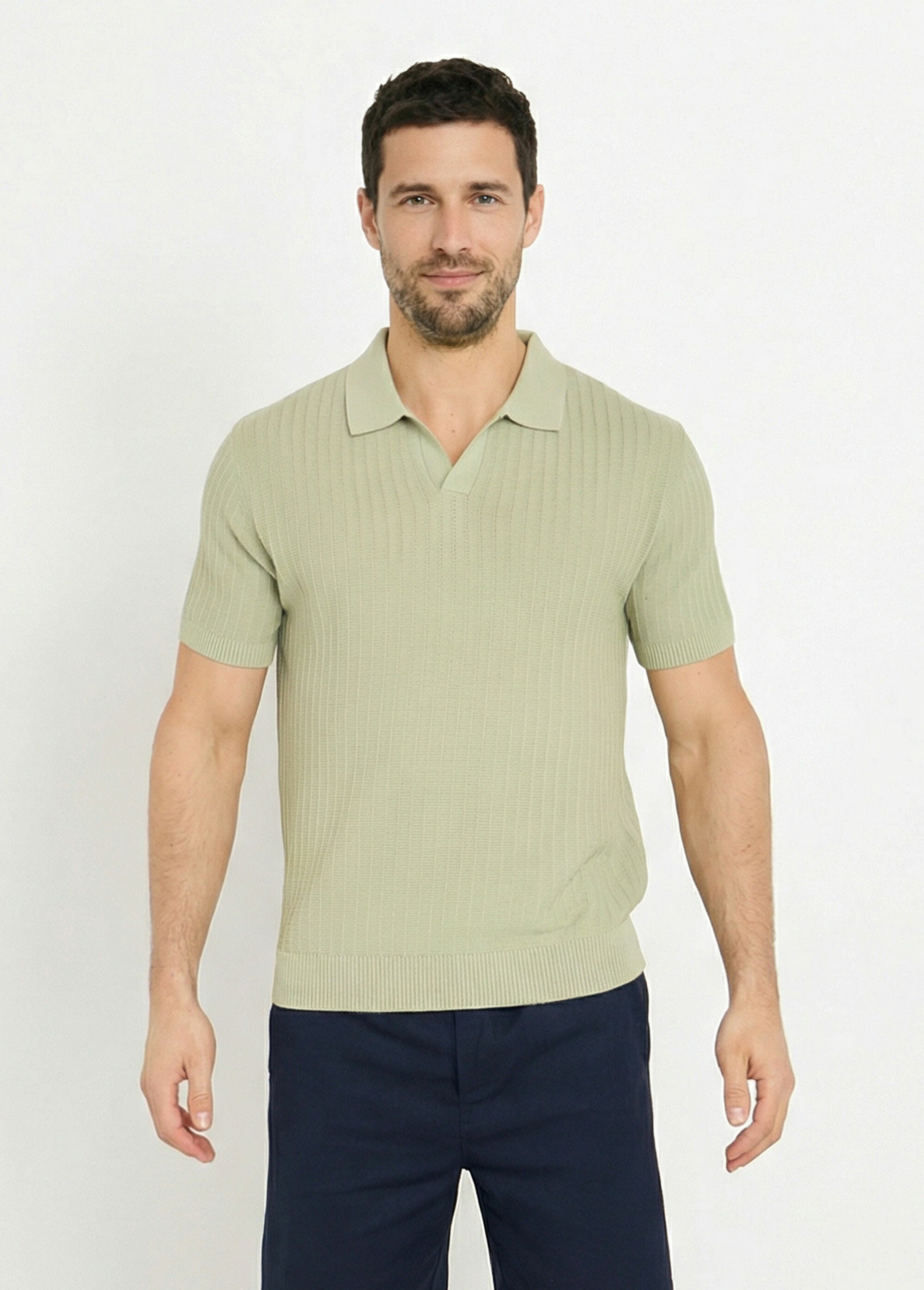 Pull fin col polo, en maille texturée Vert FRIDZ2466 FA1